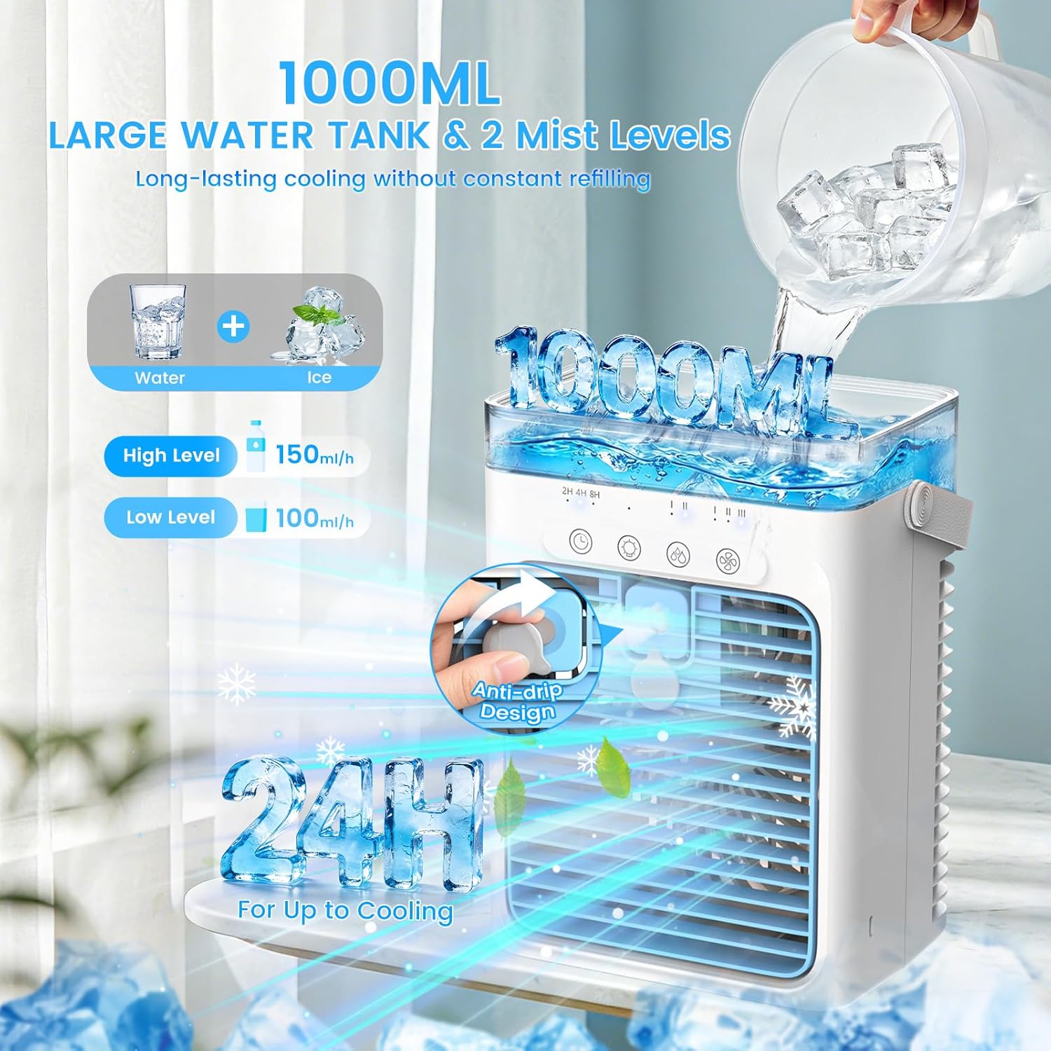 Portable Air Conditioners, 4 in 1 Mini AC Air Conditioner with 1000ml Water Tank, 3 Speeds, 2 Mist Modes, 2/4/8H Timer, Ambient Light, USB Evaporative Air Cooler Cooling Fan for Camping Room Bedroom