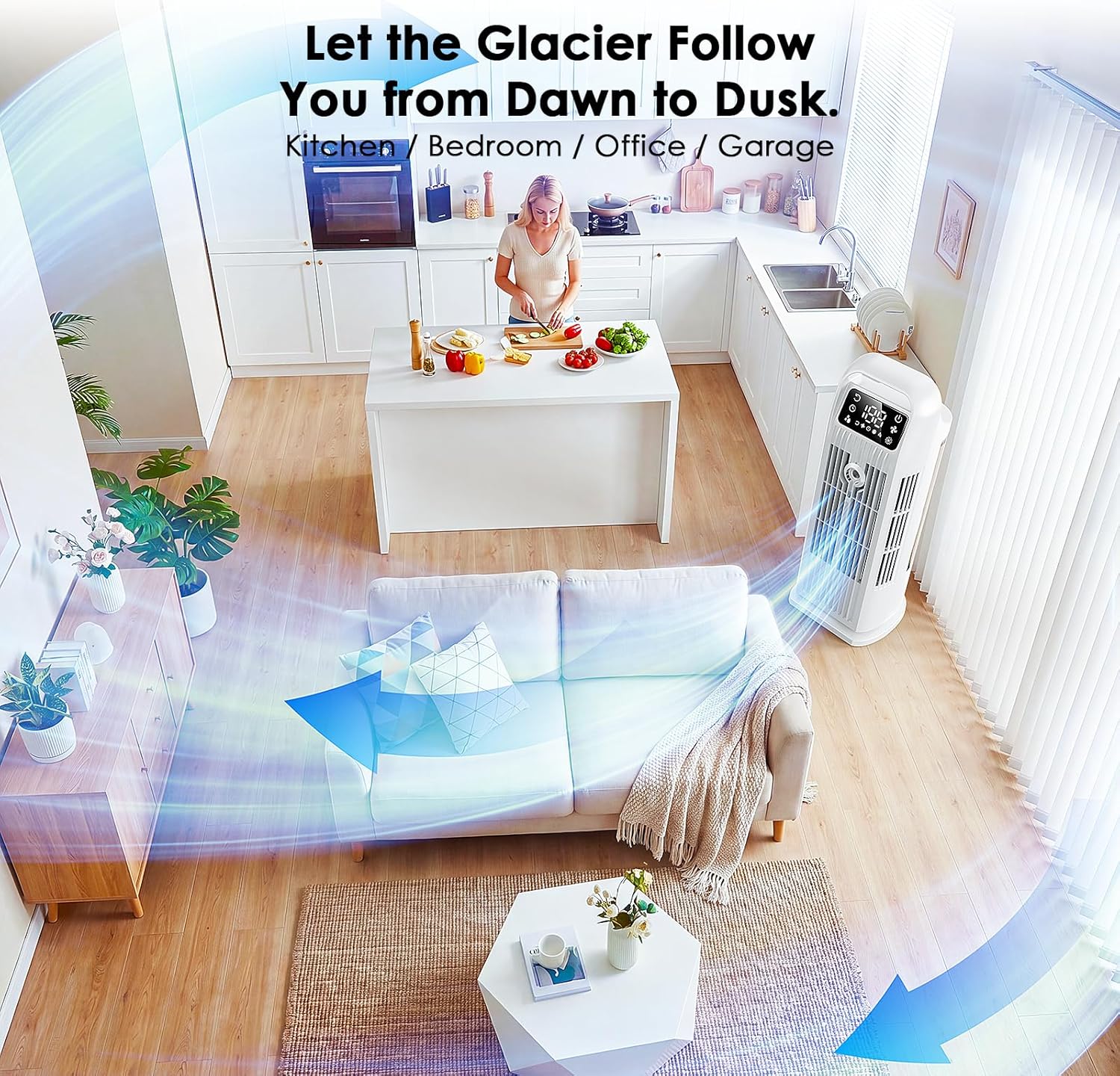 Portable Air Conditioners, 4 IN 1 Evaporative Air Cooler, 1200ML Water Tank, 3 Speeds & Storm Mode & Mist Spray, 120° Auto Oscillation, 12H Timer, Quiet Tower Cooling Fan for Room, Bedroom - White ﻿