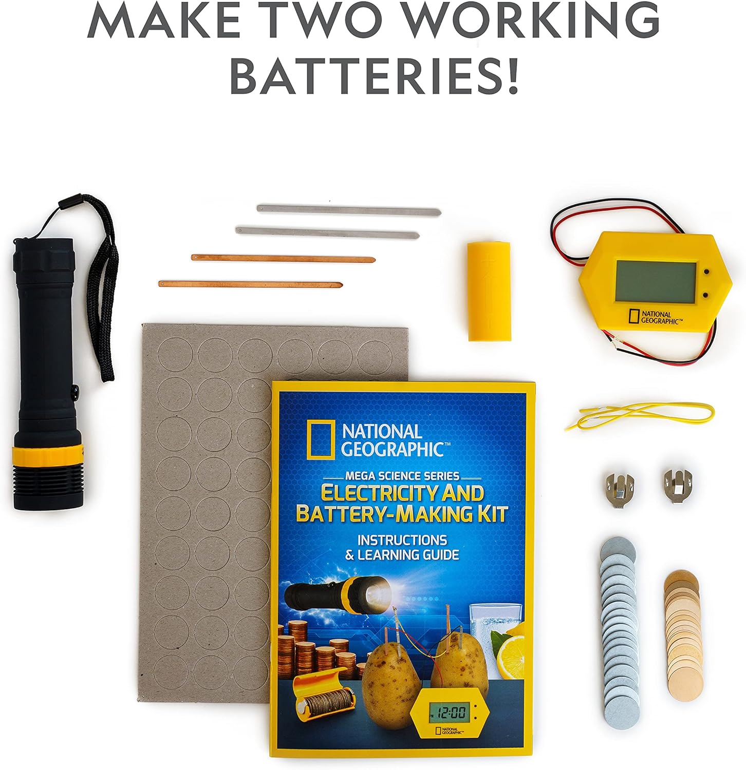 National Geographic Battery Making Kit - Potato Clock and Penny Powered Flashlight Science Kit, 2 Electricity STEM Projects for Kids, Electrical Circuit Toy for Boys and Girls