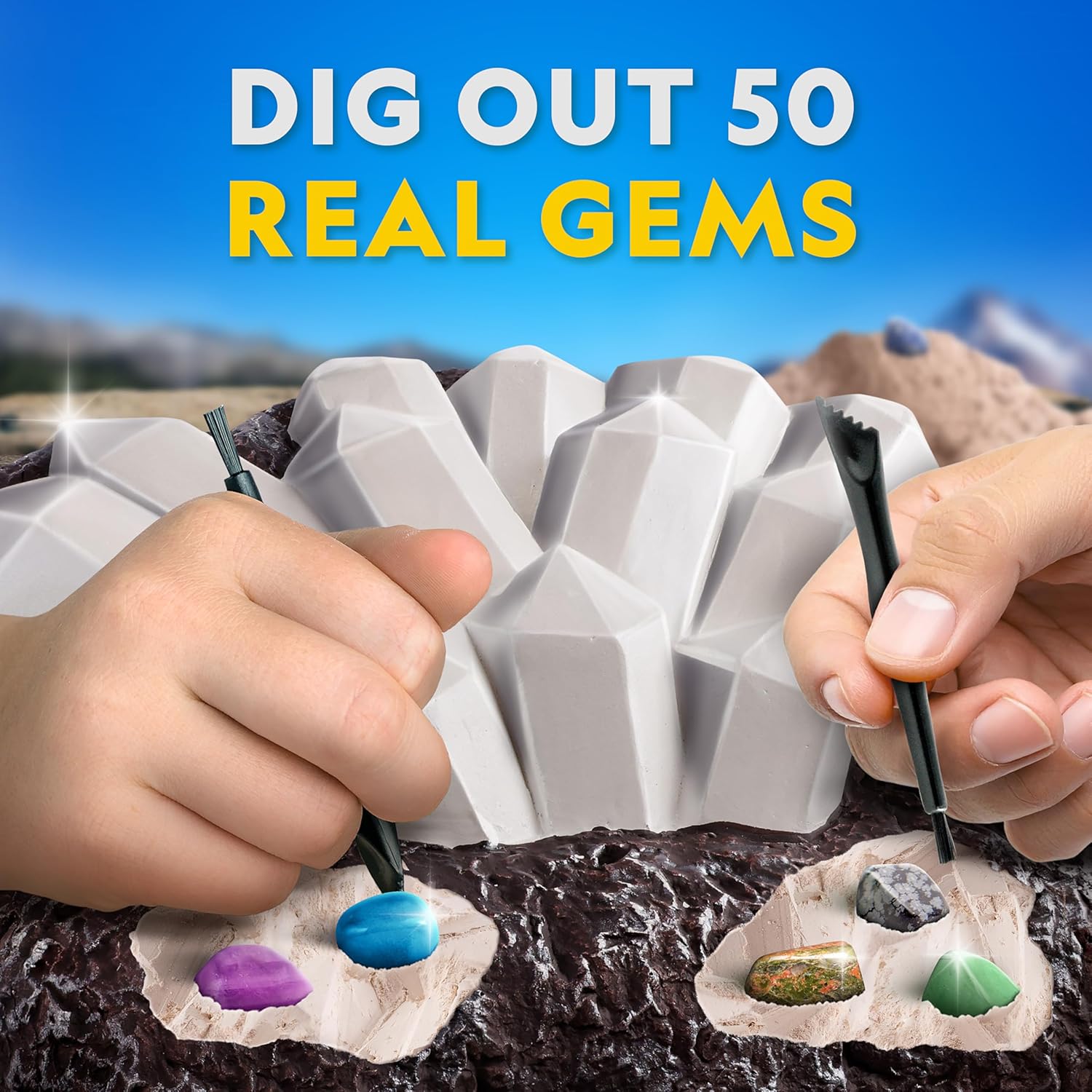 National Geographic Gigantic Gemstone Dig Kit – Excavate Real Gems from a Giant Dig Brick, Gem Mining Kit for Kids, STEM Rock Collection Activity, Includes Tools & Learning Guide