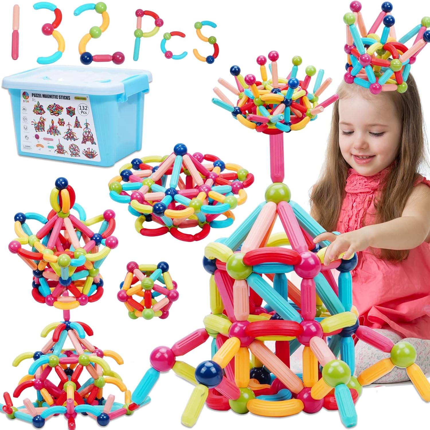 COUOMOXA Magnetic Building Blocks for Toddlers: STEM Educational Toys for 3 4 5+ Years Old Kids - Magnetic Stick Montessori Game for Family for Boys Girls 3-5