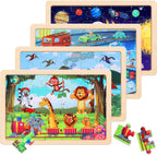 Wooden Educational Jigsaw Puzzles for Preschool Kids Ages 3-5, 4-Pack with 20 Pieces Wood Puzzles Set, Toddler Brain Teaser Toys, Gifts for Boys Girls Ages 3 4 5 6