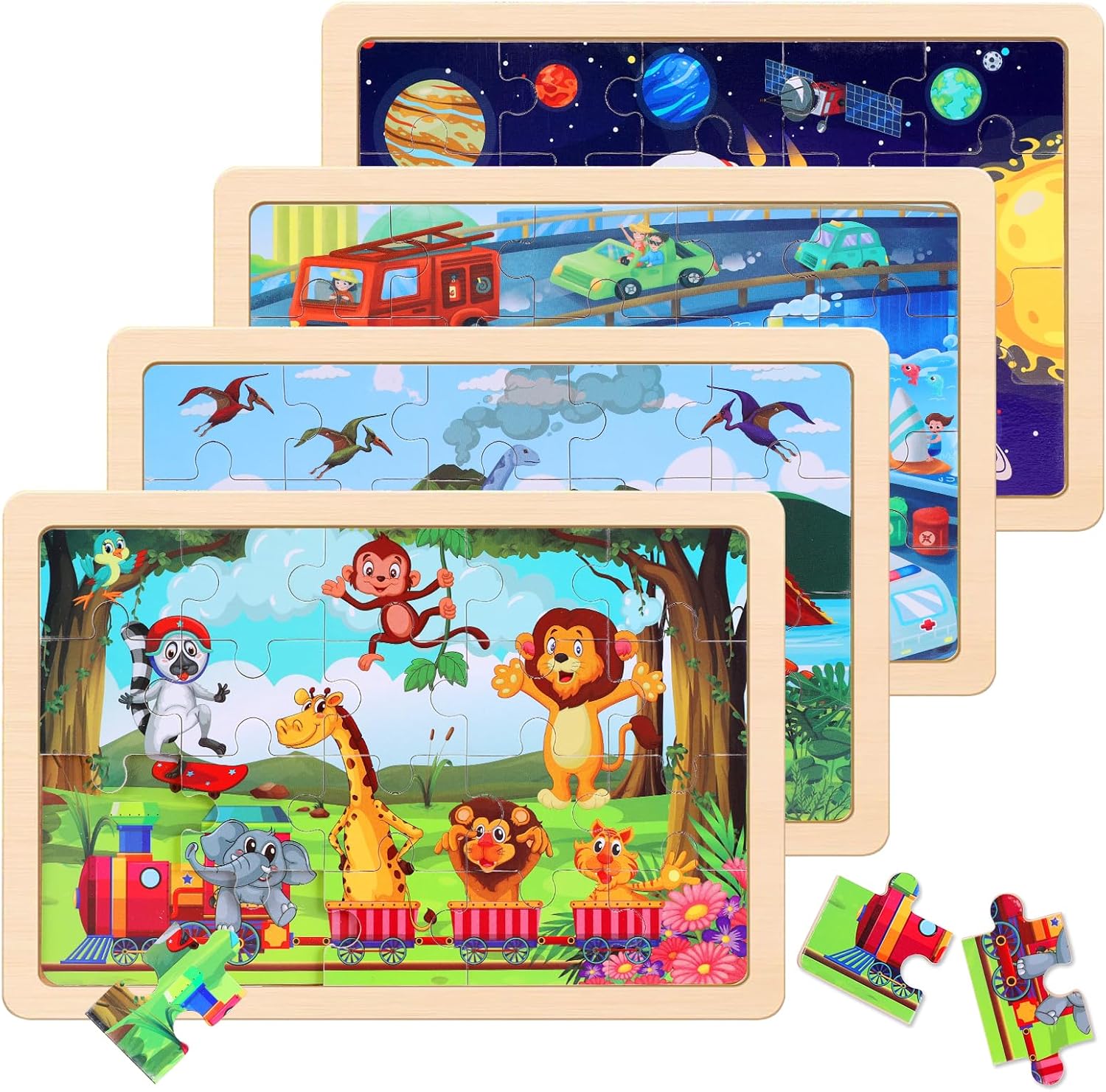 Wooden Educational Jigsaw Puzzles for Preschool Kids Ages 3-5, 4-Pack with 20 Pieces Wood Puzzles Set, Toddler Brain Teaser Toys, Gifts for Boys Girls Ages 3 4 5 6