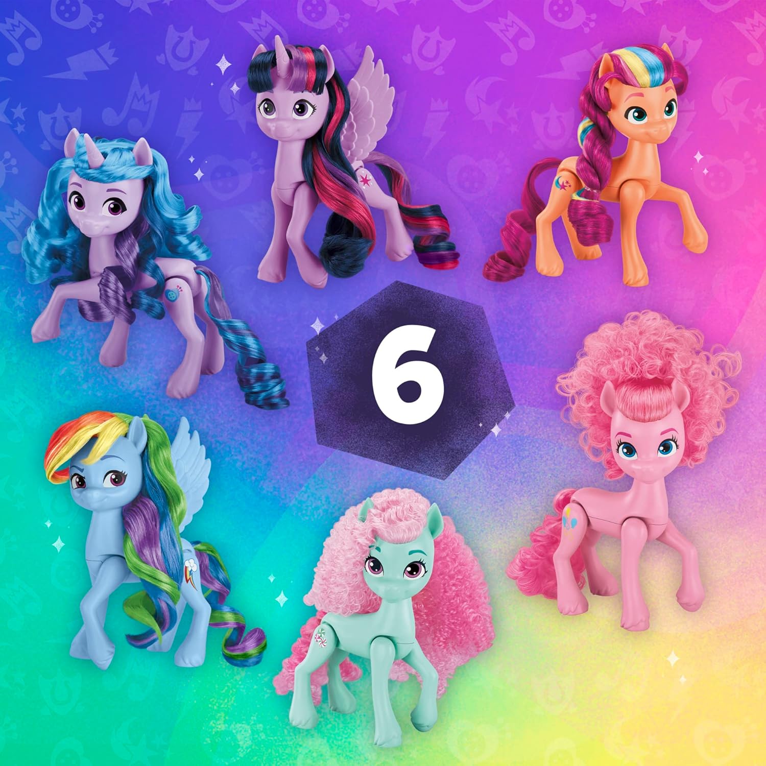 My Little Pony Dolls Rainbow Celebration, 6 Pony Figure Set, 5.5-Inch Dolls, Toys for 3 Year Old Girls and Boys, Unicorn Toys