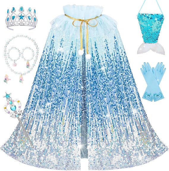 Meland Princess Dress Up for Girls 3-8, Mermaid Cape with Crown, Dress Up Clothes Birthday Gift Toys for Girls Toddlers