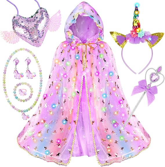 Fedio Princess Dress up for Girls,Unicorn Light up Princess Cape Set,Light up Princess Dress with Unicorn Toys for Girls 3-8