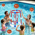 2-in-1 Poor Toy Basketball & Ring Toss Game with 4 Balls, 6 Rings&Pump, Summer Pool Toys Outdoor Water Fun Family Party for Age 3-12
