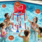 2-in-1 Poor Toy Basketball & Ring Toss Game with 4 Balls, 6 Rings&Pump, Summer Pool Toys Outdoor Water Fun Family Party for Age 3-12