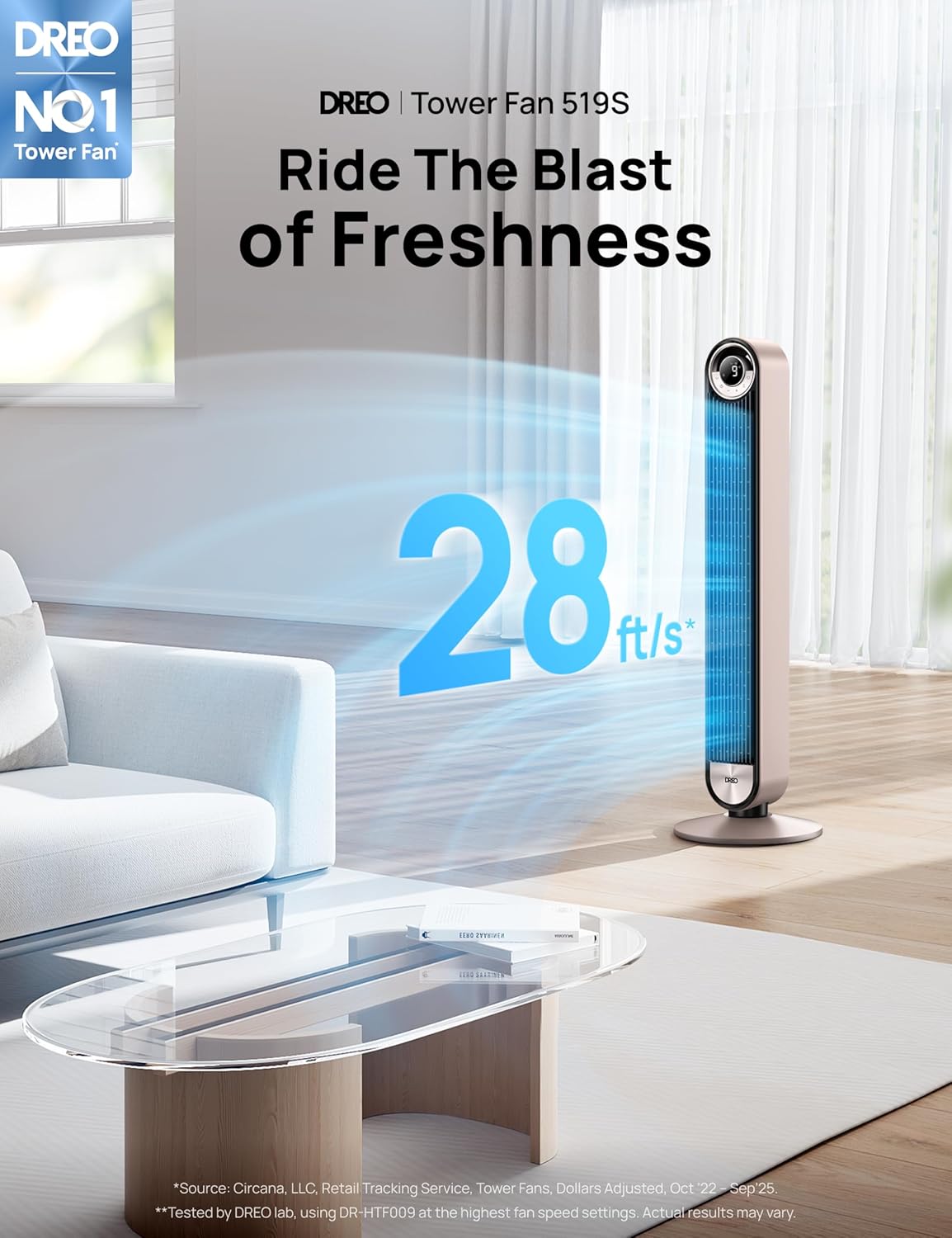 DREO Tower Fan for Bedroom, 90° Oscillating Standing Fan with 28ft/s Velocity, 20dB Quiet for Sleep, DC Motor, 9 Speeds, 4 Modes, 12H Timer, Voice & APP & Remote Control, Starlight