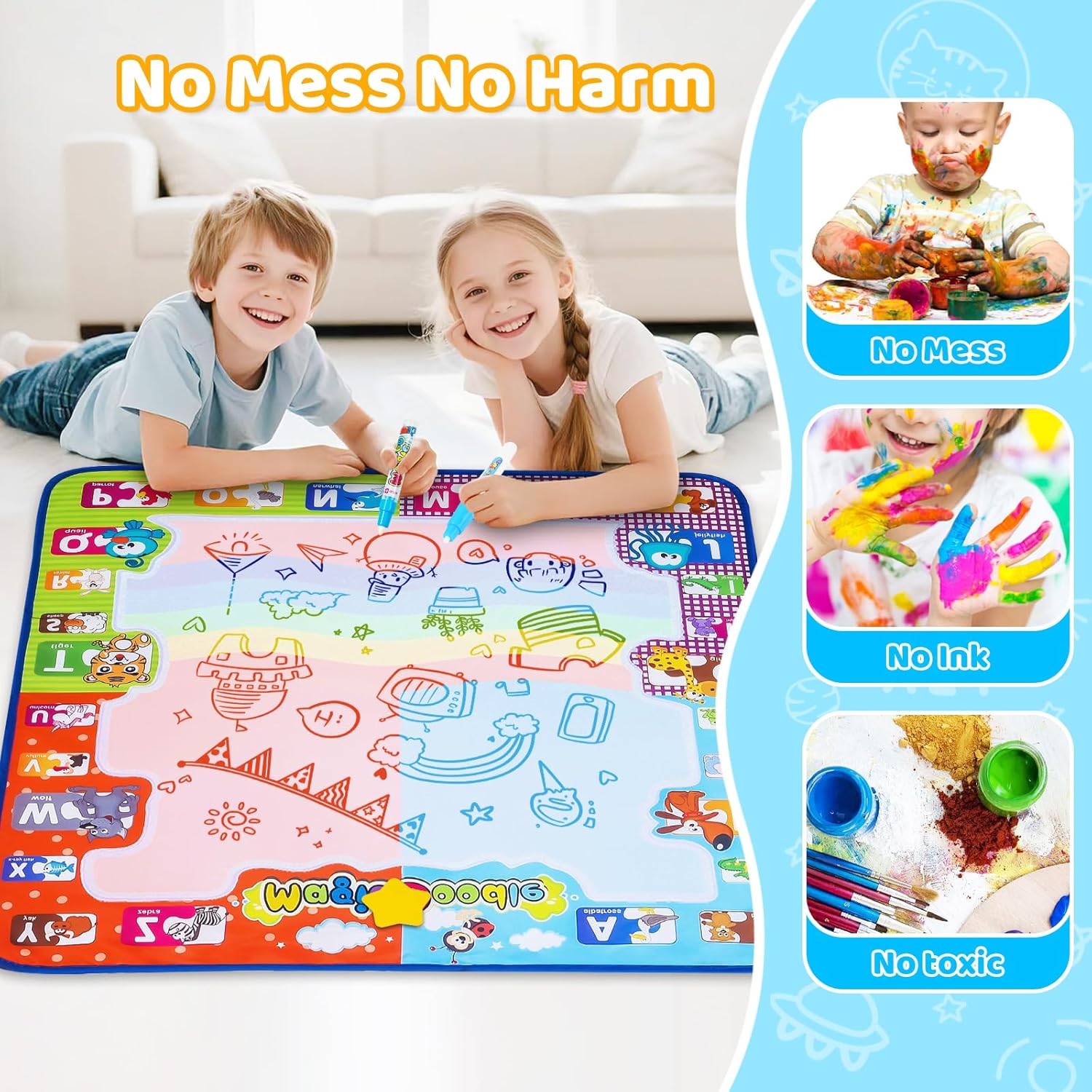 KIZZYEA Toys for 2 3 4 5 6+ Years Old Boys Girls, Water Doodle Mat for Kids, Large Coloring Painting Writing Magic Mat with Neon Colors, Educational Toys Christmas Birthday Gifts for Age 2-4, 3-5