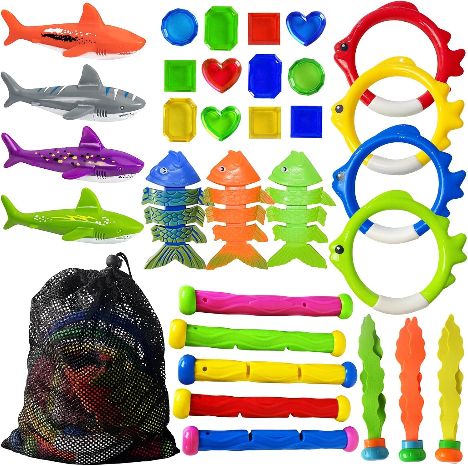 Jasonwell Pool Diving Toys Games - Swimming Pool Toys with Dive Sticks and Rings Underwater Treasures Torpedo Bandits Fish Toy etc Fun Water Swim Toy for Boys Girls Adults Kids Teens
