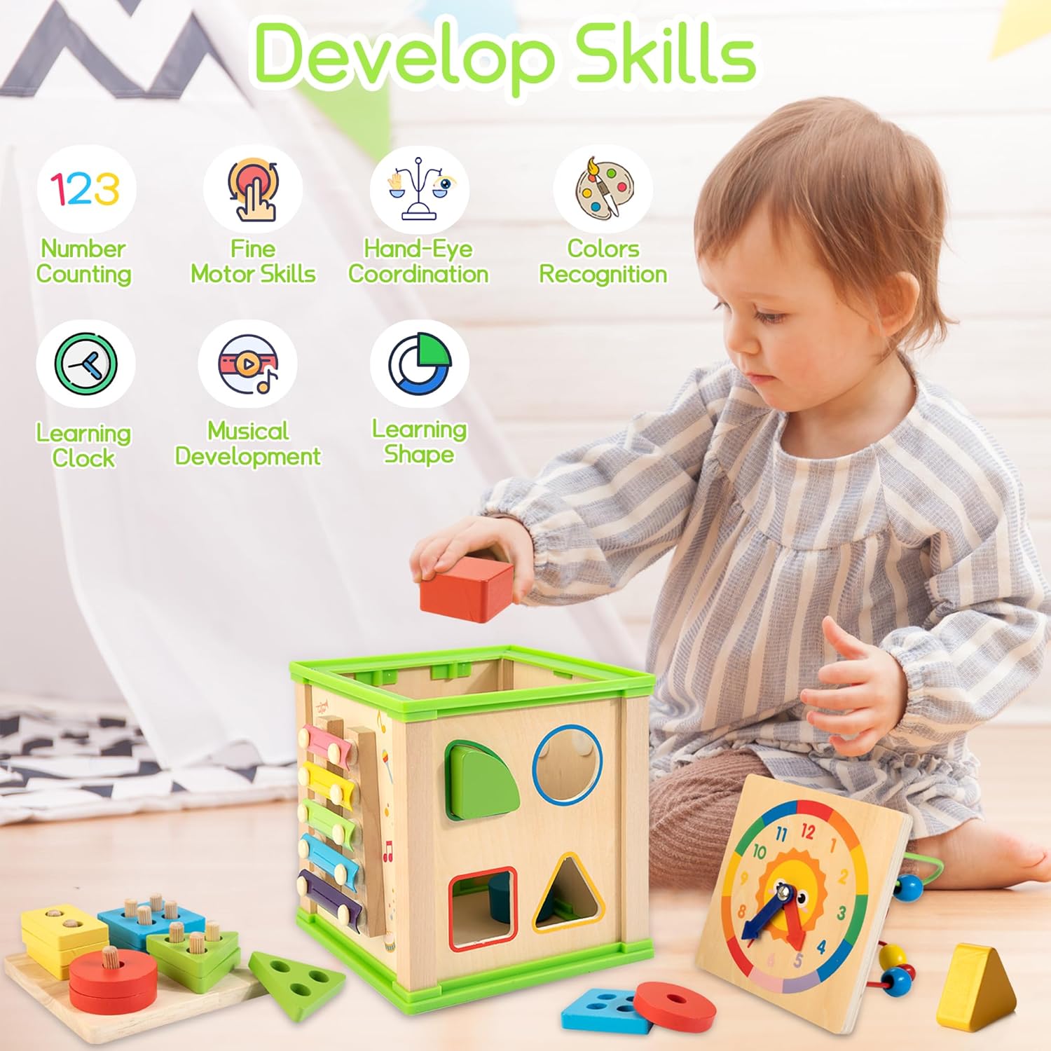 WOODMAM Wooden 7-in-1 Activity Cube, Montessori Toys for 1 Year Old | Baby Educational Developmental Toys, One Year Old Boys Girls First Birthday Gifts, Bonus Sorting & Stacking Board