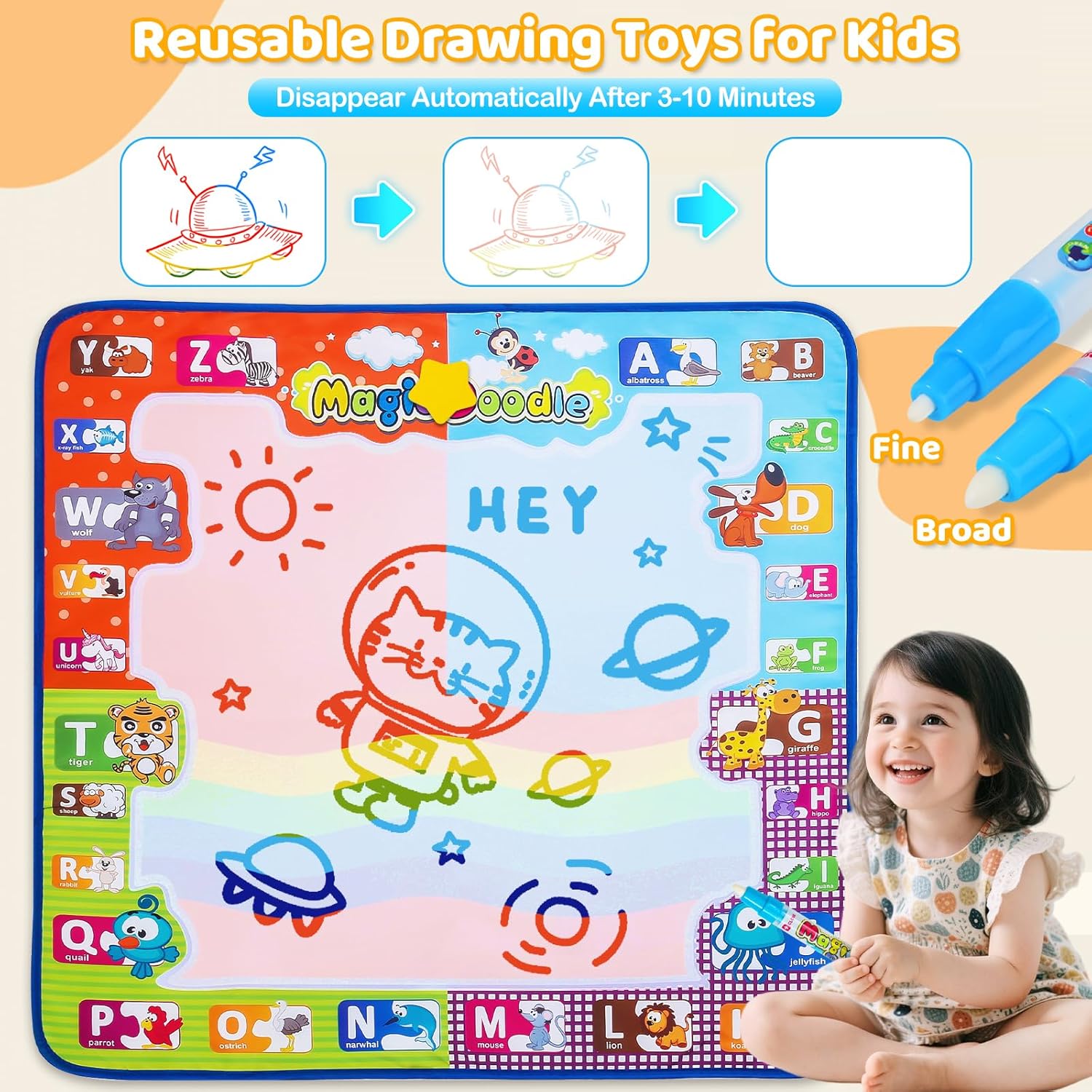 KIZZYEA Toys for 2 3 4 5 6+ Years Old Boys Girls, Water Doodle Mat for Kids, Large Coloring Painting Writing Magic Mat with Neon Colors, Educational Toys Christmas Birthday Gifts for Age 2-4, 3-5