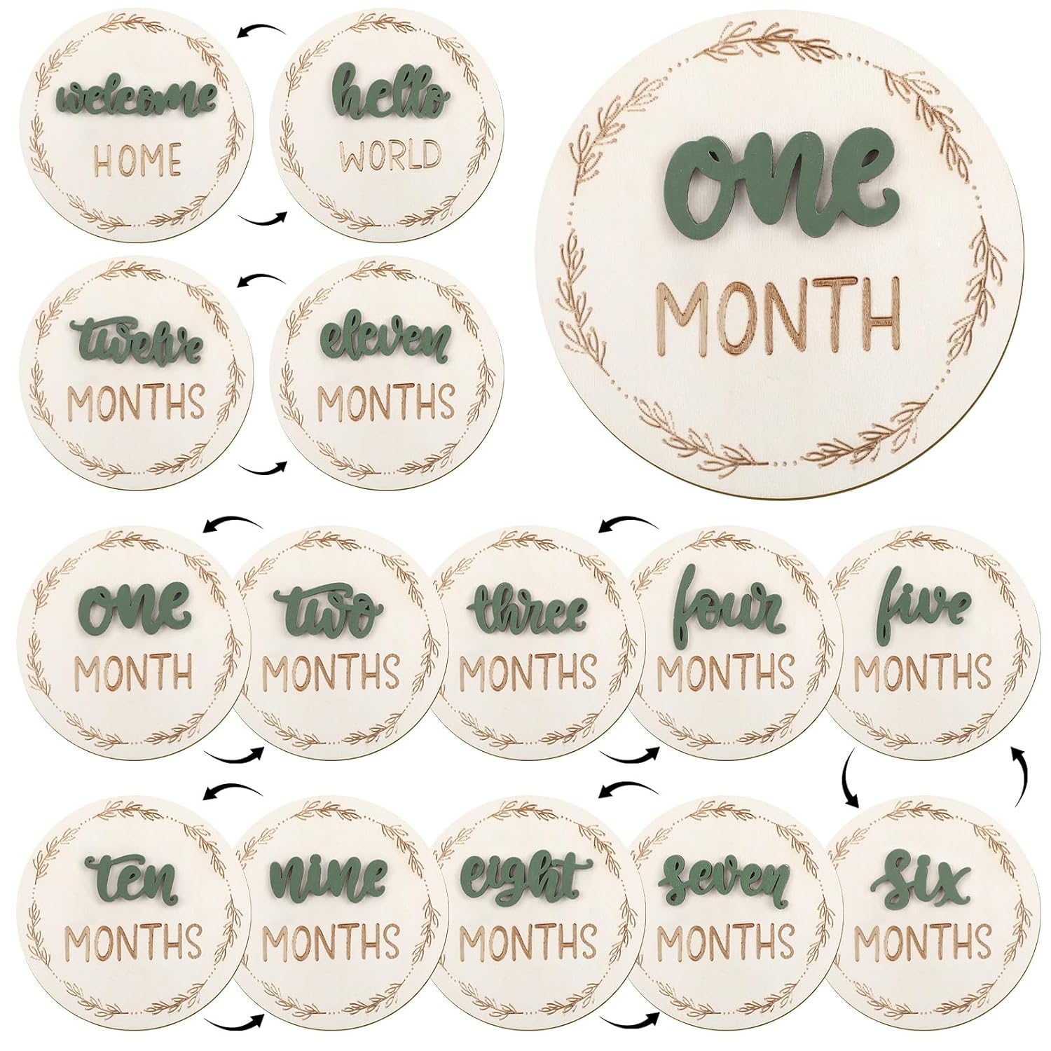7 Pack Baby Monthly Milestone Signs, Double Sided Baby Milestone Signs Wooden Baby Announcement Sign for 1-12 Months Baby Milestone Pictures