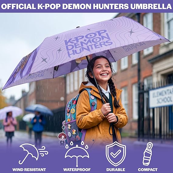 Get Trend KPop Demon Hunters Windproof Travel Umbrella, Huntrix Strong Folding Compact Umbrellas for Rain, Light Portable Kids Travel Essentials, Fits Backpack & Car, Gifts for Girls