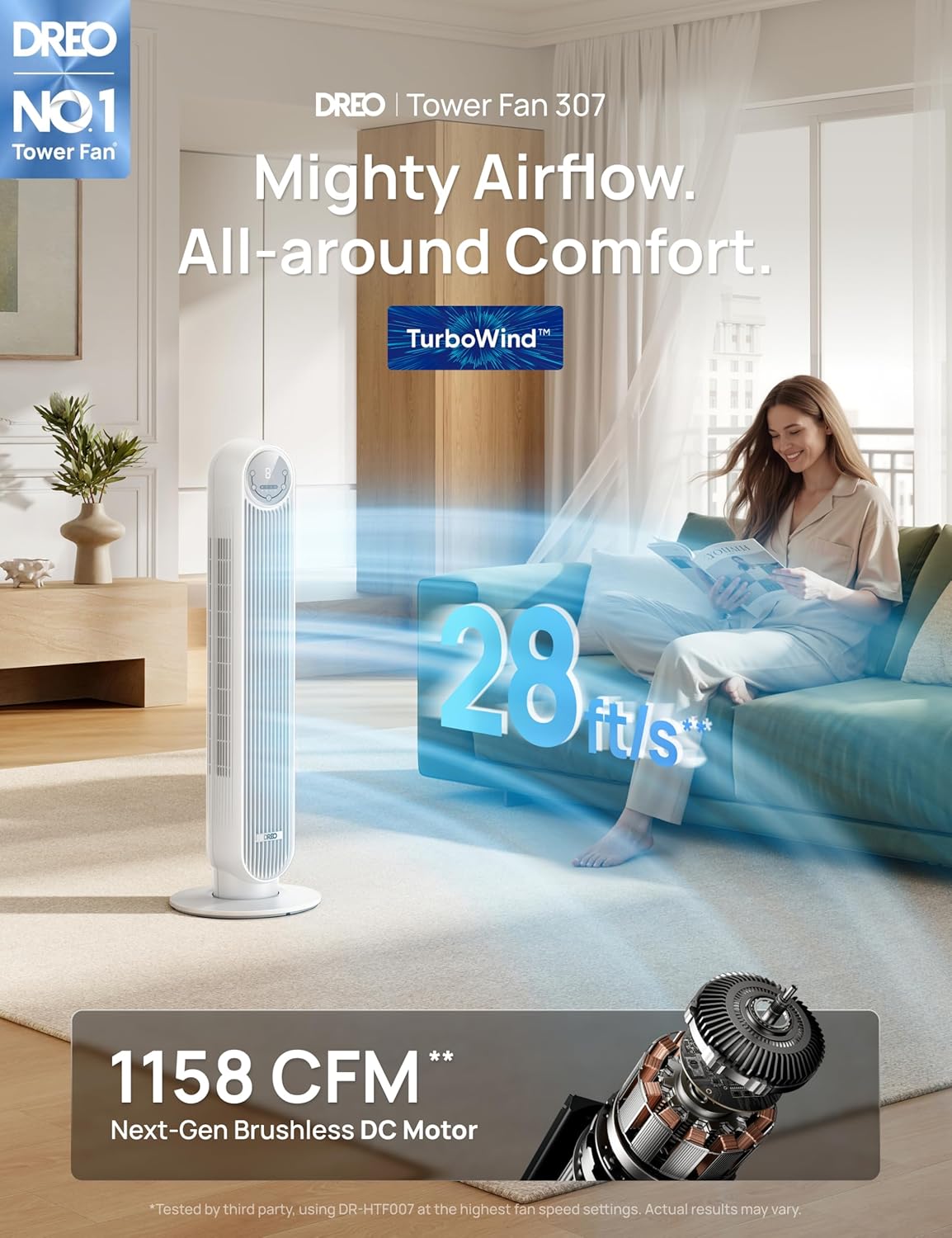 DREO Tower Fan for Bedroom, 2026 Upgraded DC Motor, 28ft/s High Velocity, 20dB Ultra Quiet Standing Fan, 8 Speeds 4 Modes, 90° Oscillating Bladeless Fan for Indoors, Floor Fans with Remote