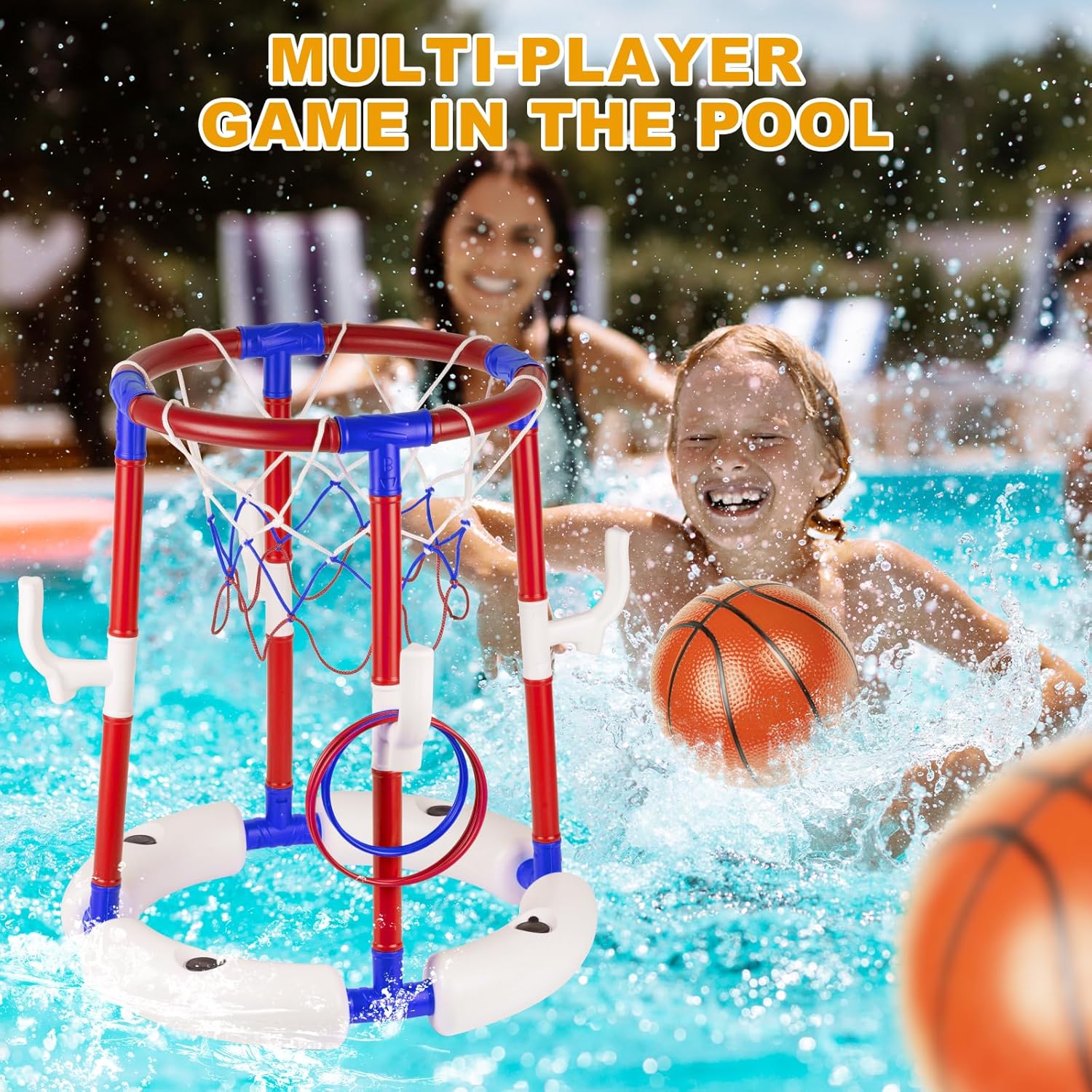 2-in-1 Poor Toy Basketball & Ring Toss Game with 4 Balls, 6 Rings&Pump, Summer Pool Toys Outdoor Water Fun Family Party for Age 3-12
