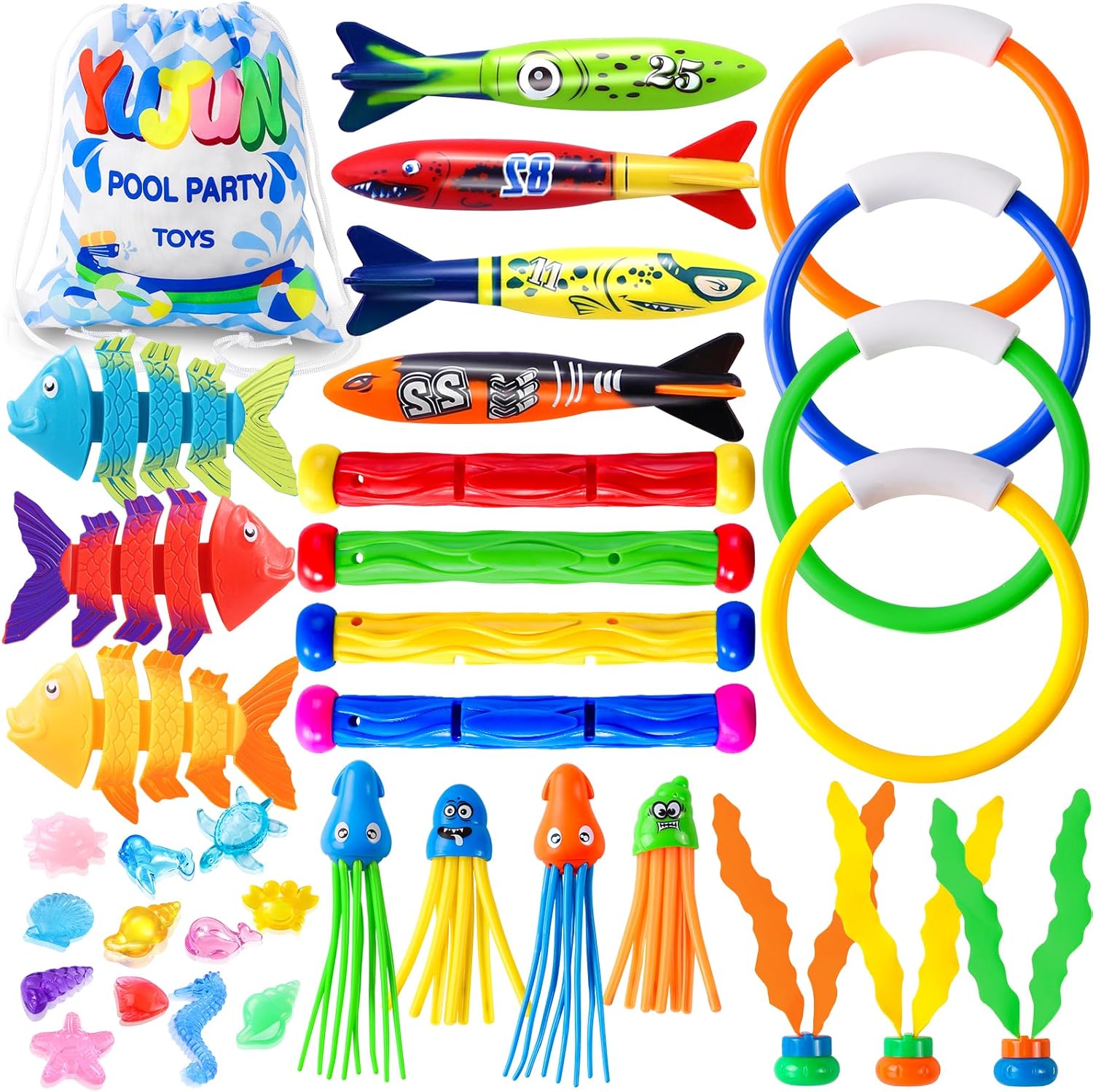 YUJUN Pool Diving Swimming Toys, Summer Underwater Game Toys with Pool Fishes Dive Sticks Rings Gems Storage Bag for Kids Swim Birthday Party Favors