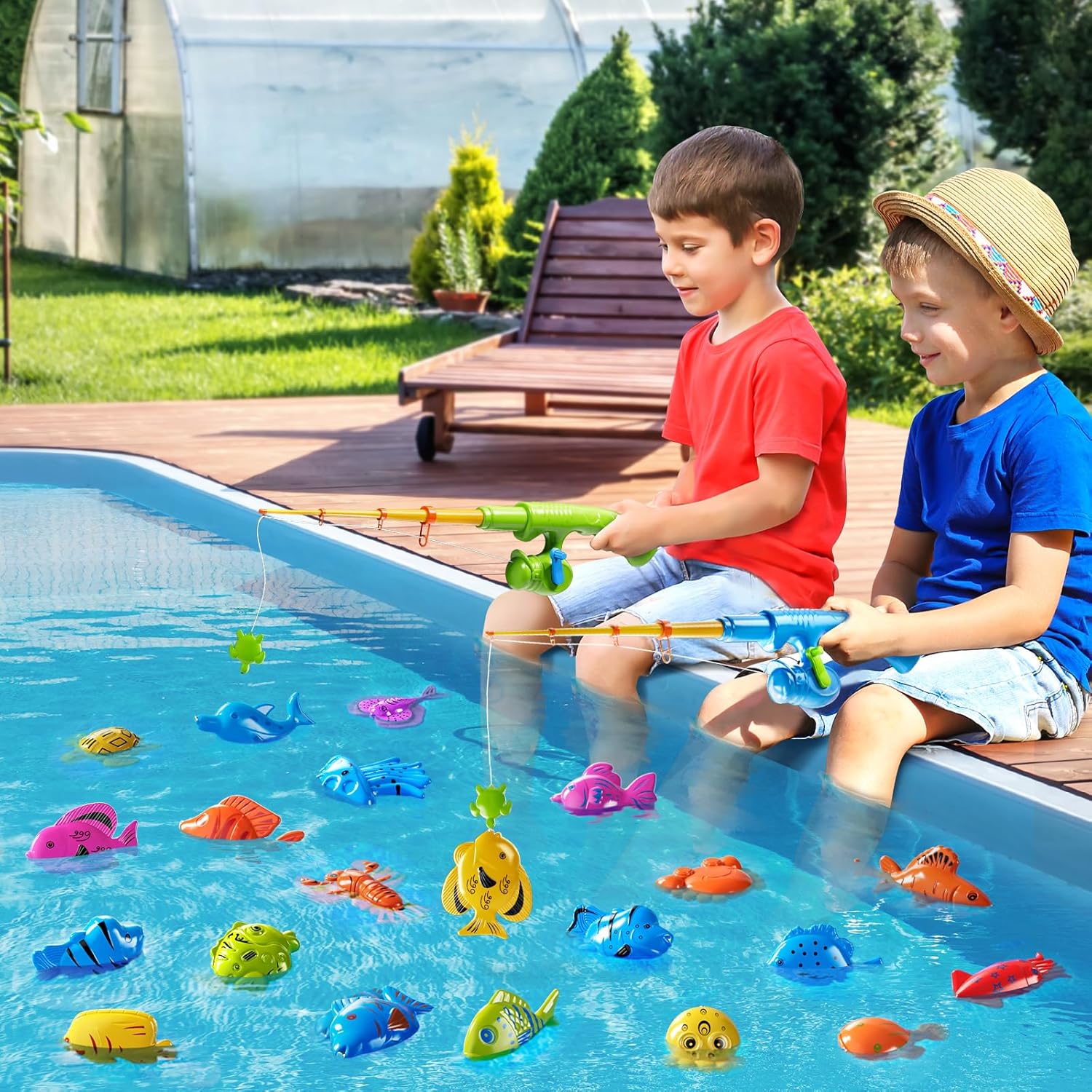 NIPLOOOW Pool Fishing Toys Games, Water Table Bathtub Toy with Inflatable Pool Pole Rod Net Plastic Floating Fish, Birthday Gifts for Kids Age 3 4 5 6 Year Old,Kids Outdoor Toys