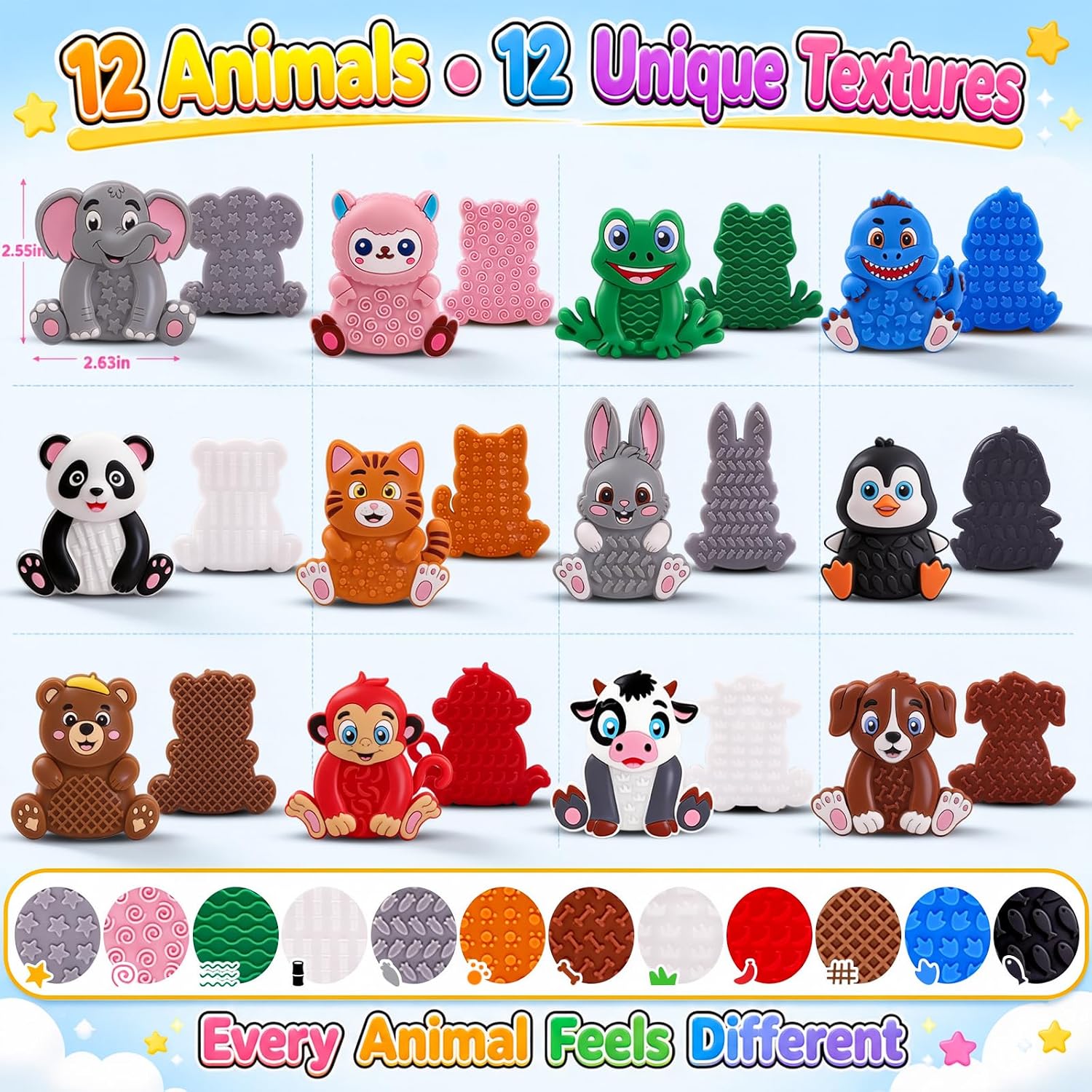Animal Sensory Toys for Kids Toddlers, Textured Silicone Fidget Toys, Quiet Travel Toys for Airplane, Car Rides, Preschool & Home Sensory Play, Classroom Calm Corner Toys
