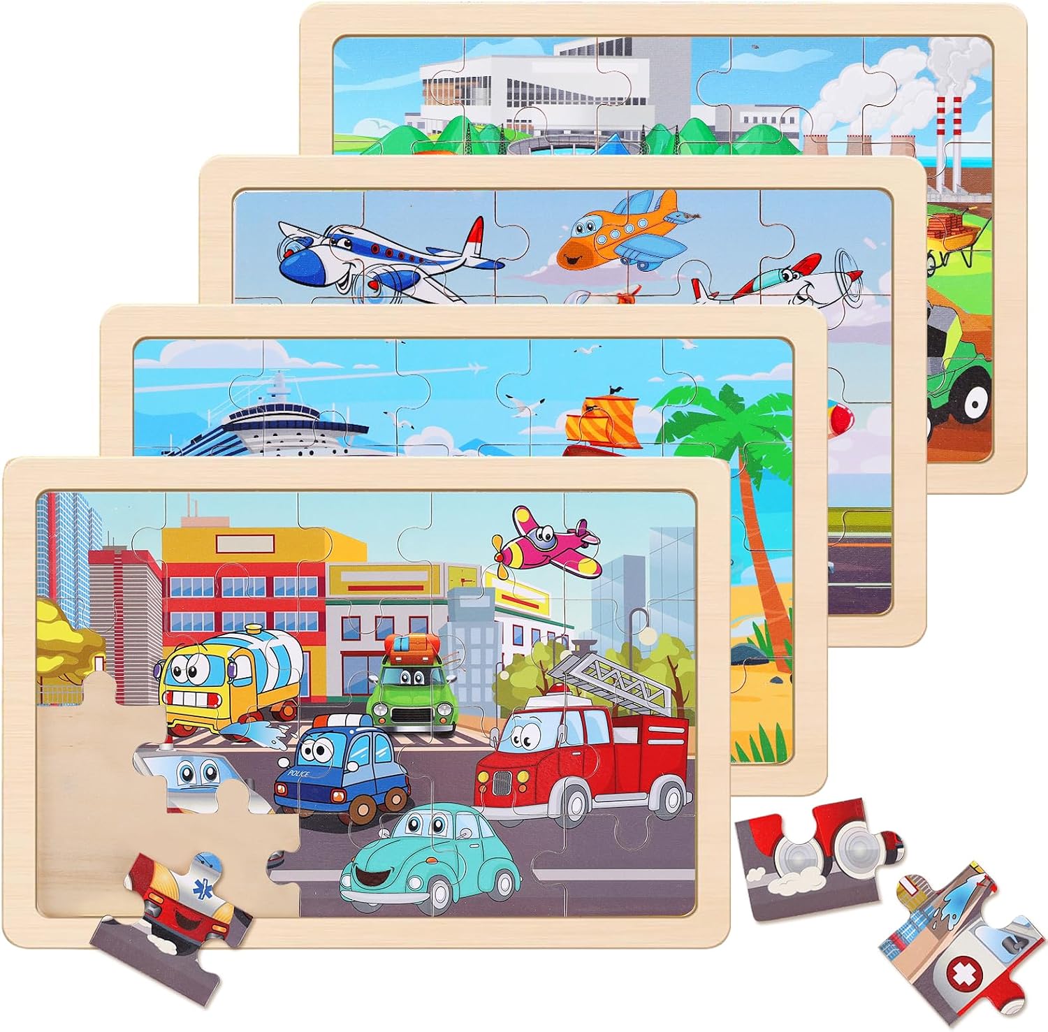 Wooden Educational Jigsaw Puzzles for Preschool Kids Ages 3-5, 4-Pack with 20 Pieces Wood Puzzles Set, Toddler Brain Teaser Toys, Gifts for Boys Girls Ages 3 4 5 6