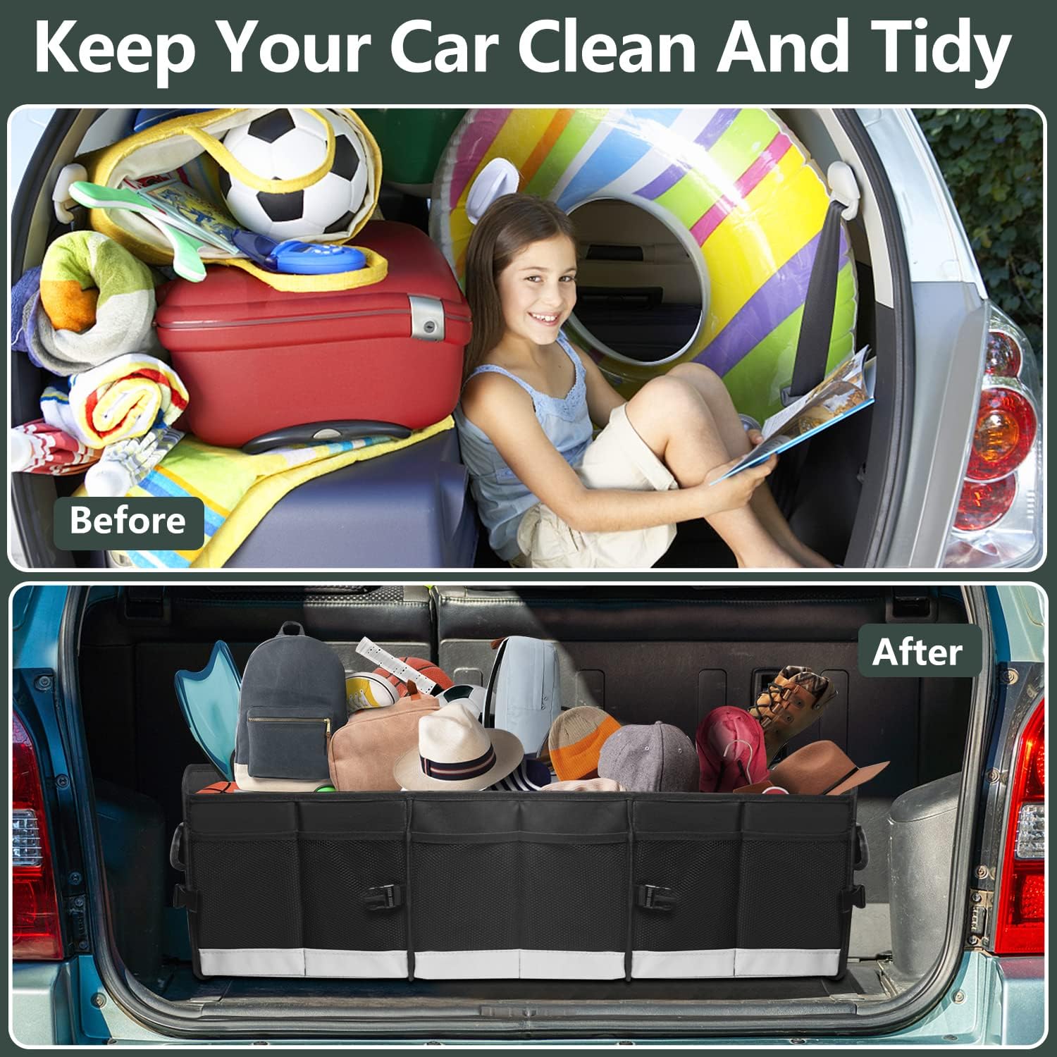 Trunk Organizer for Car, Sturdy Storage Organization with Non-Slip Bottom Strips, 95L Large Capacity Cargo Organizer for Suv, Truck, Sedan, Waterproof Portable Car Organizers for Women Men
