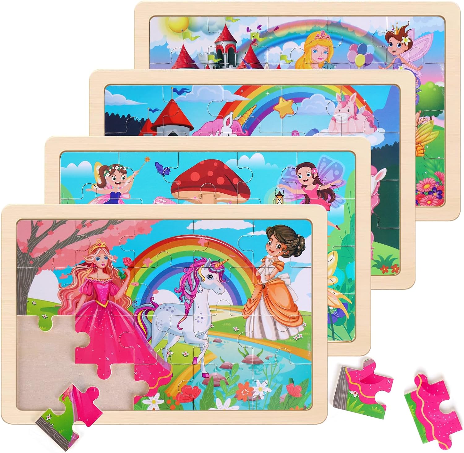 Wooden Educational Jigsaw Puzzles for Preschool Kids Ages 3-5, 4-Pack with 20 Pieces Wood Puzzles Set, Toddler Brain Teaser Toys, Gifts for Boys Girls Ages 3 4 5 6