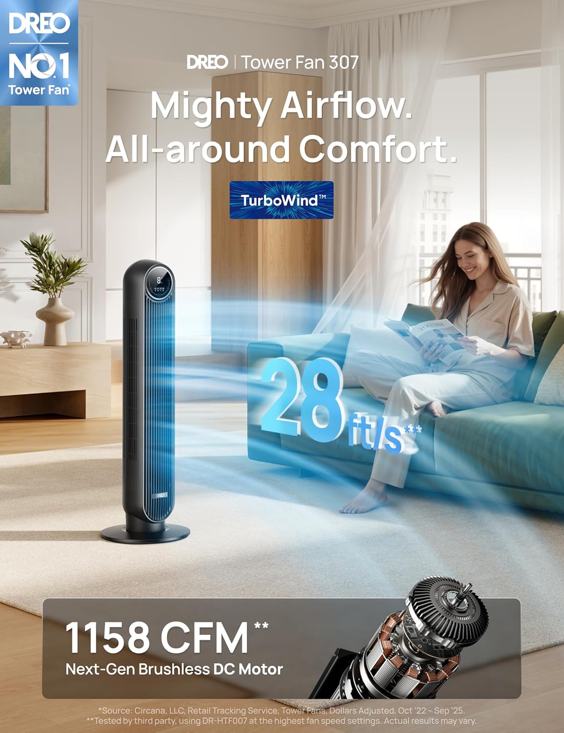 DREO Tower Fan for Bedroom, 2026 Upgraded DC Motor, 28ft/s High Velocity, 20dB Ultra Quiet Standing Fan, 8 Speeds 4 Modes, 90° Oscillating Bladeless Fan for Indoors, Floor Fans with Remote