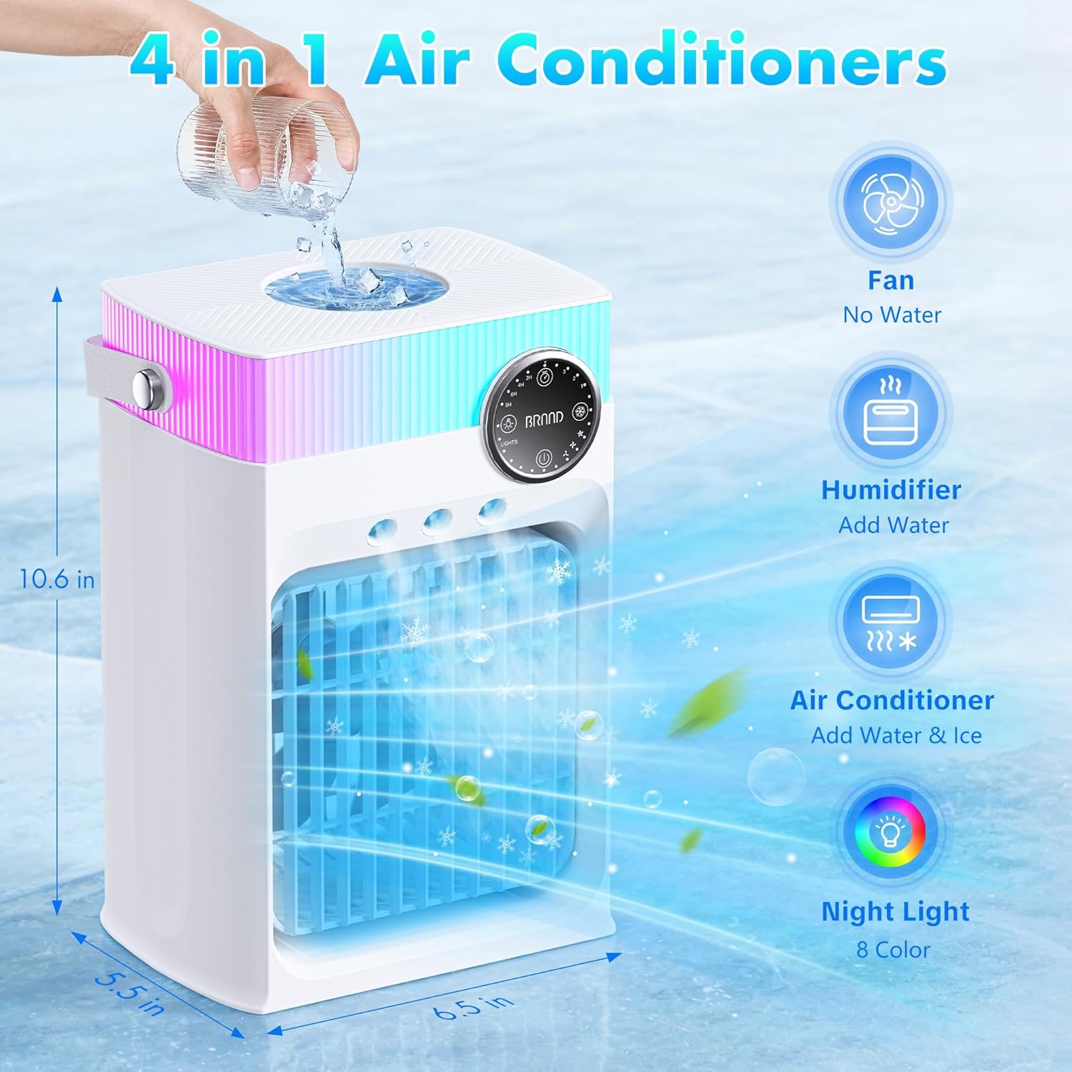 Portable Air Conditioners, Mini Portable AC Unit for Bedroom, 1200ML Small Cooling Fan with Remote, 3 Mist, 3 Speed, 8 Light, 2-8H Timer Personal Cooler Fans for Office Camping Car Desk(White)