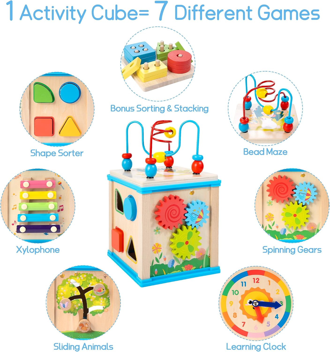 WOODMAM Wooden 7-in-1 Activity Cube, Montessori Toys for 1 Year Old | Baby Educational Developmental Toys, One Year Old Boys Girls First Birthday Gifts, Bonus Sorting & Stacking Board