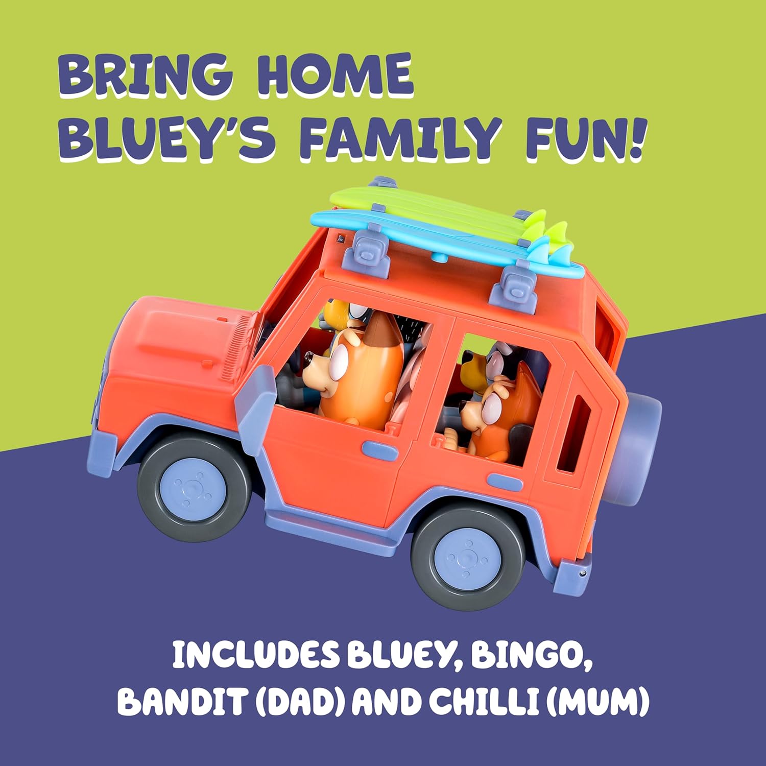 Bluey Heeler 4WD Family Toddler Toy Car, Pretend Play Toys, 4 Figures | Surfboards and sticker sheet, Bluey toy playset for kids ages 3+, Bluey and Bingo toys