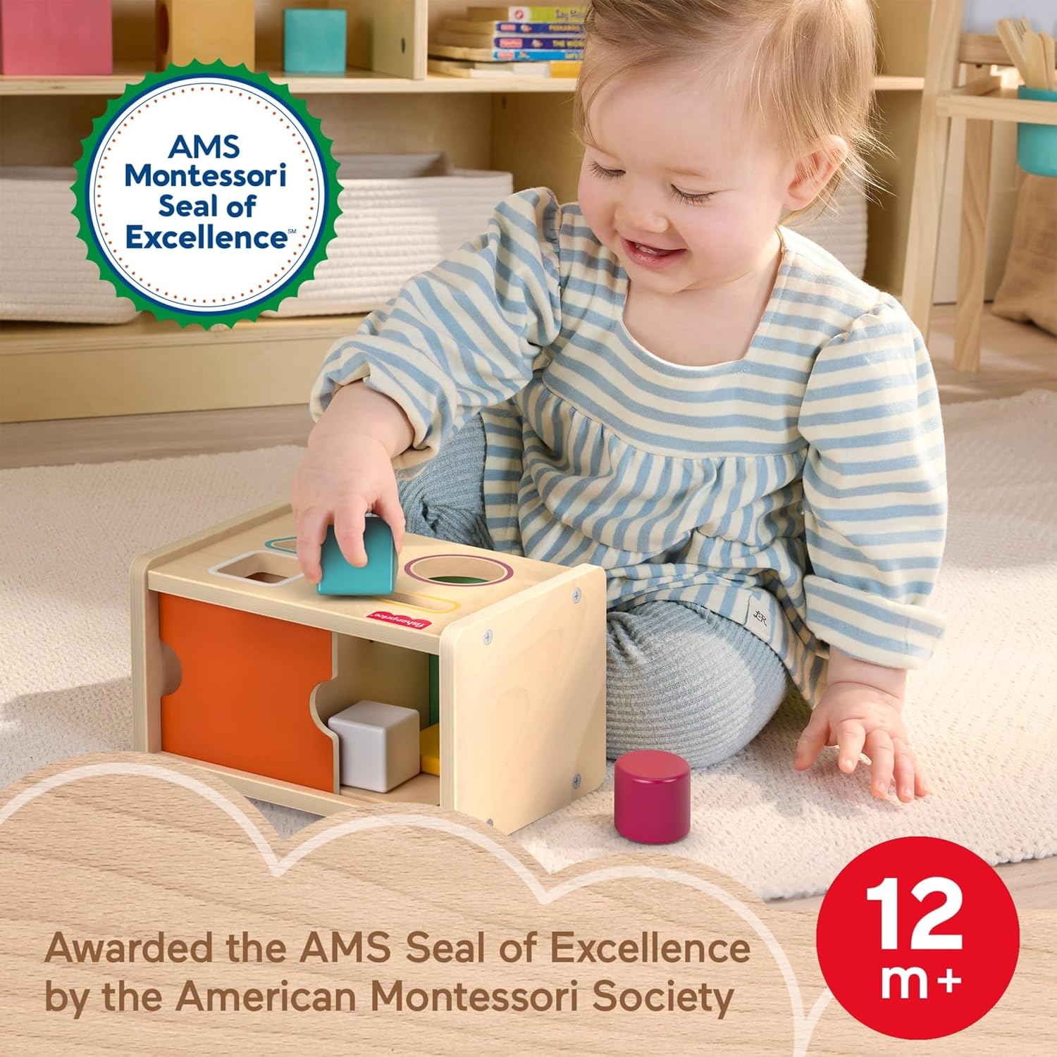 Wood Montessori Toy Object Permanence Box Sort & Find, American Montessori Society Seal of Excellence, Wooden Shape-Sorter Learning Activity for Baby Ages 1+ Years