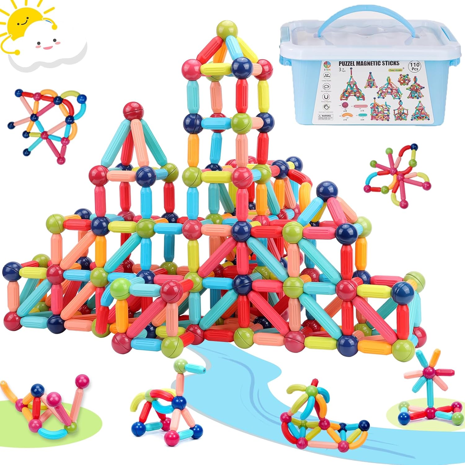 COUOMOXA Magnetic Building Blocks for Toddlers: STEM Educational Toys for 3 4 5+ Years Old Kids - Magnetic Stick Montessori Game for Family for Boys Girls 3-5