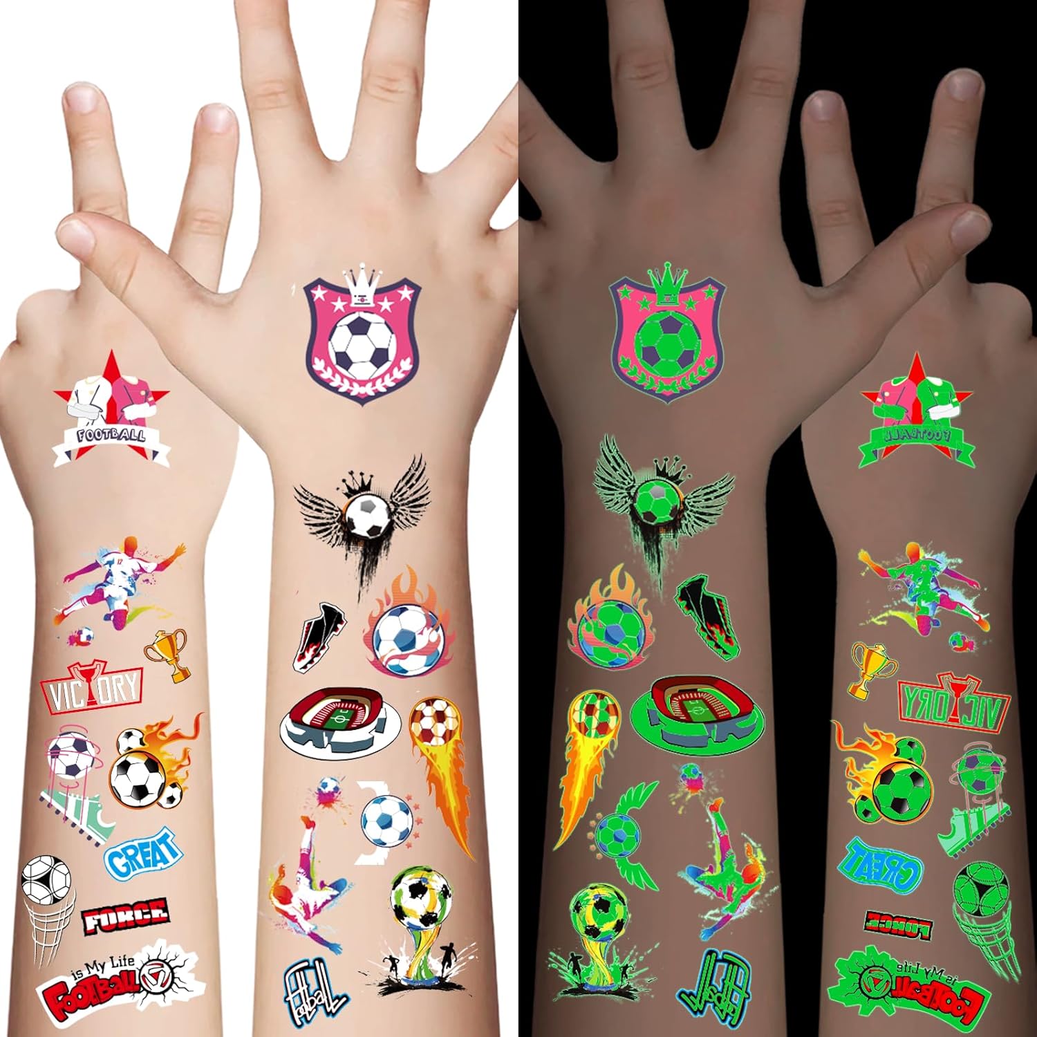 Awinmay Glow in the Dark Soccer Temporary Tattoos for Kids, 60Pcs Sport Party Favors for Boys and Girls, Goodie Bag Stuffers, Sports Fan Makeup for Game Day & Soccer Birthday Party Decorations