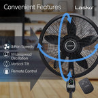 Lasko Oscillating Cyclone Pedestal Fan with Remote Control - Cooling Standing Fan for Bedroom, Living Room, and Home Office - Adjustable Height - 3 Quiet Speeds - 1843 - 18" Blade Diameter - Black