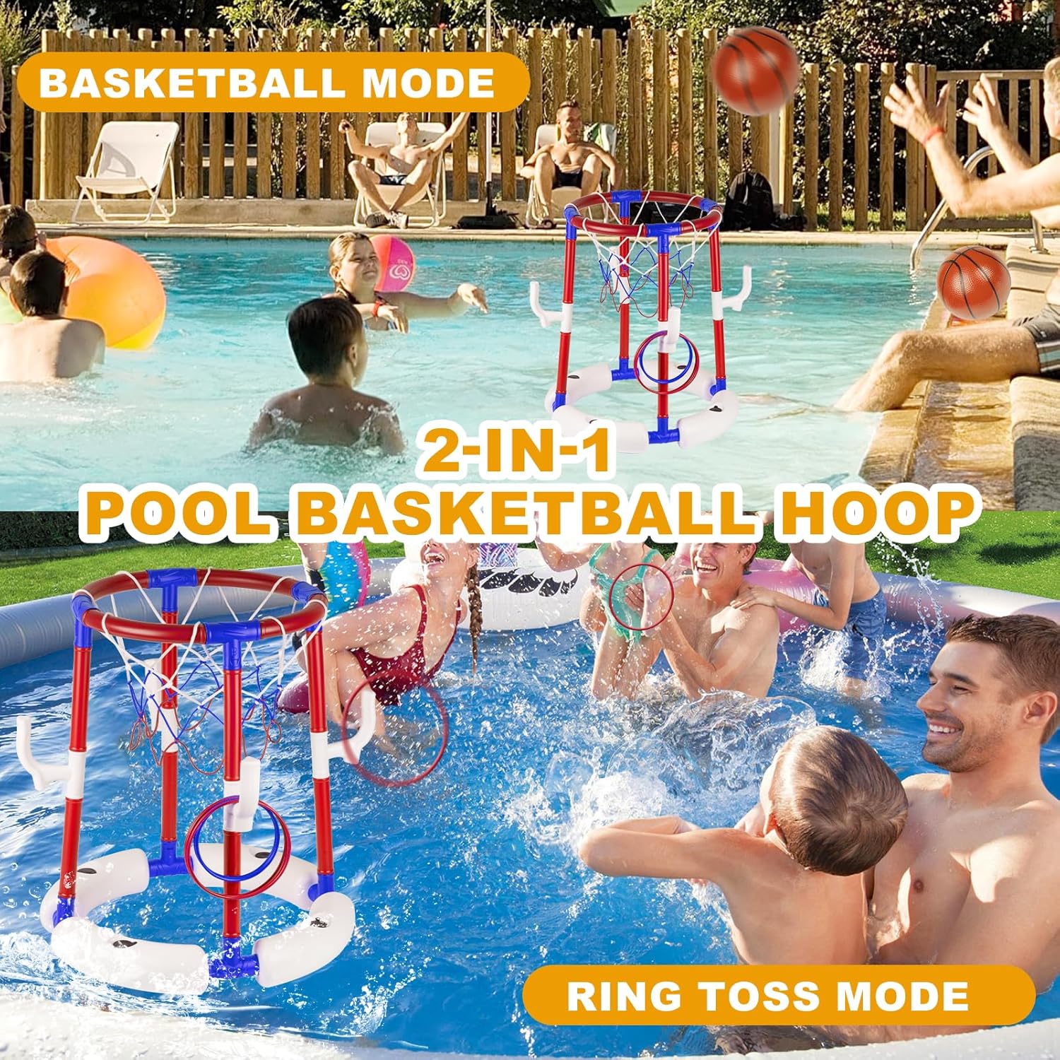 2-in-1 Poor Toy Basketball & Ring Toss Game with 4 Balls, 6 Rings&Pump, Summer Pool Toys Outdoor Water Fun Family Party for Age 3-12