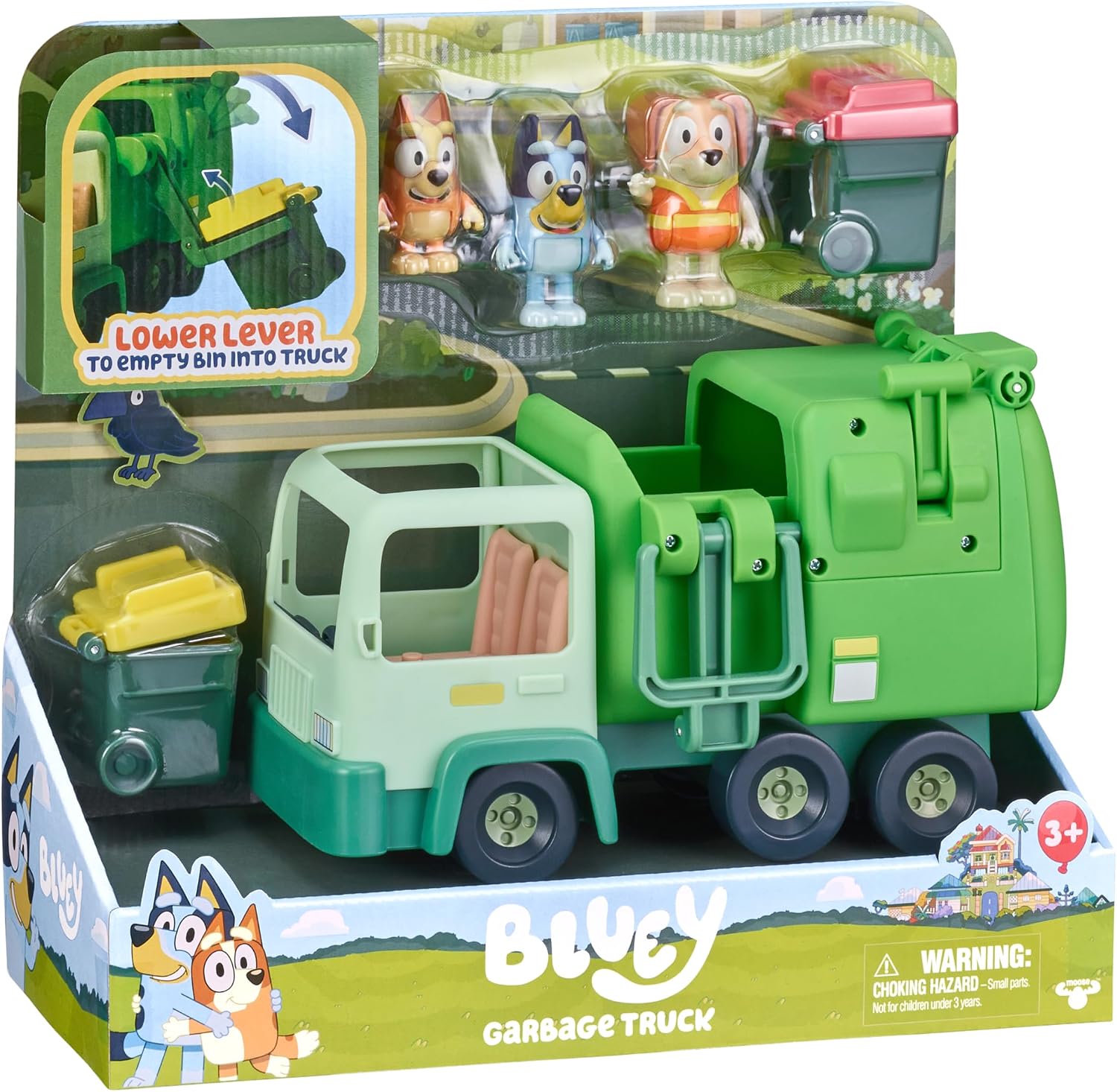 Bluey Garbage Truck Playset, Bingo & Bin Man Figures, Interactive Lever | Includes 2 rubbish bins, 2.5-inch articulated figures, two-seat cab, and rear storage for garbage trucks play