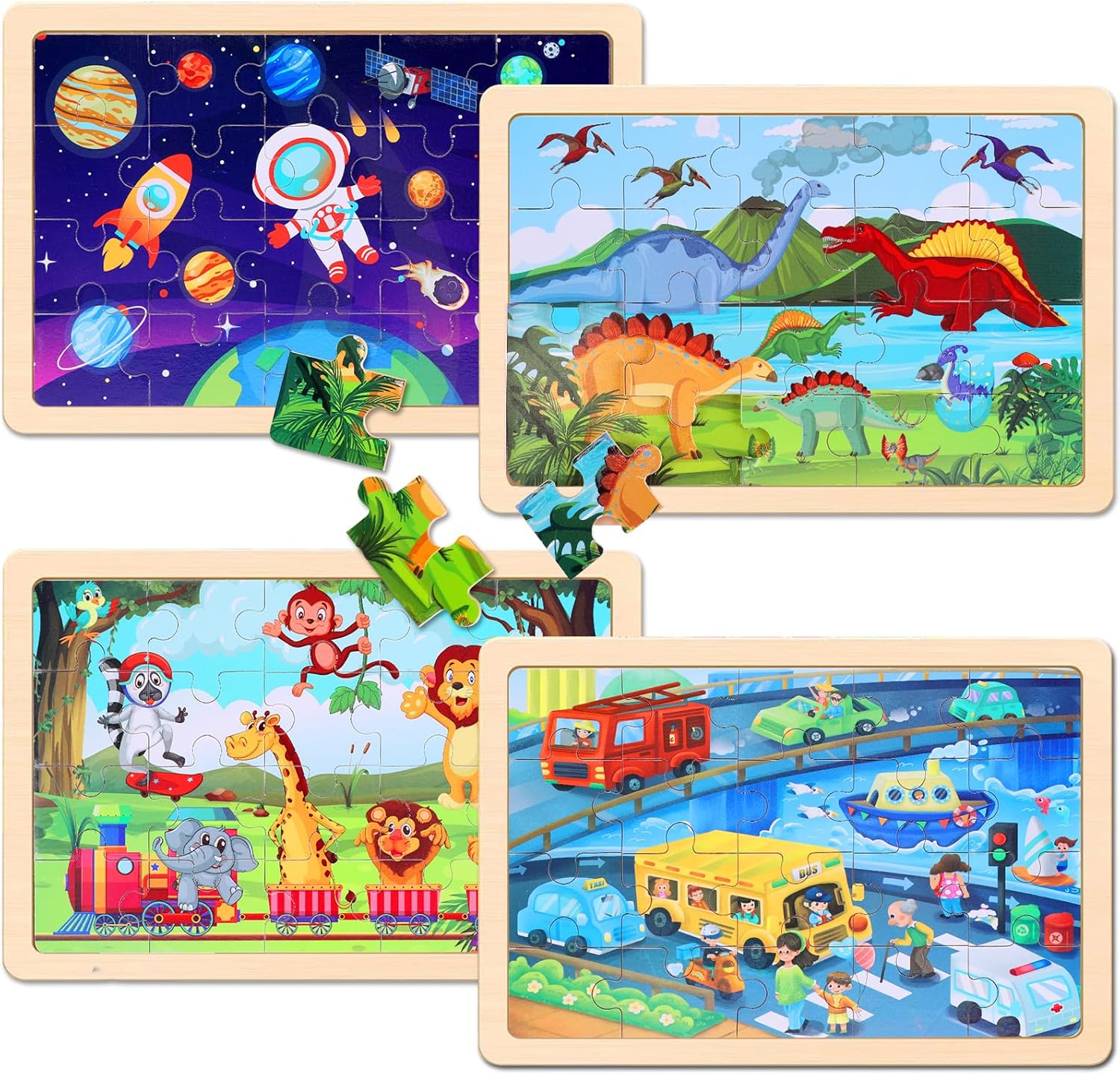 Wooden Educational Jigsaw Puzzles for Preschool Kids Ages 3-5, 4-Pack with 20 Pieces Wood Puzzles Set, Toddler Brain Teaser Toys, Gifts for Boys Girls Ages 3 4 5 6