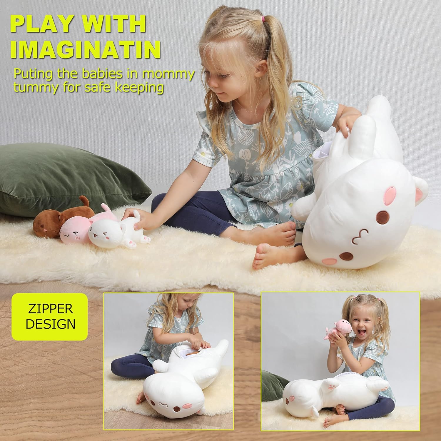 Onsoyours Cat Stuffed Animal Mommy 19.7" with 3 Kitty Plushies, 4 Piece of Cute Cat Plush Pillow Toys for Kids Girls Boys