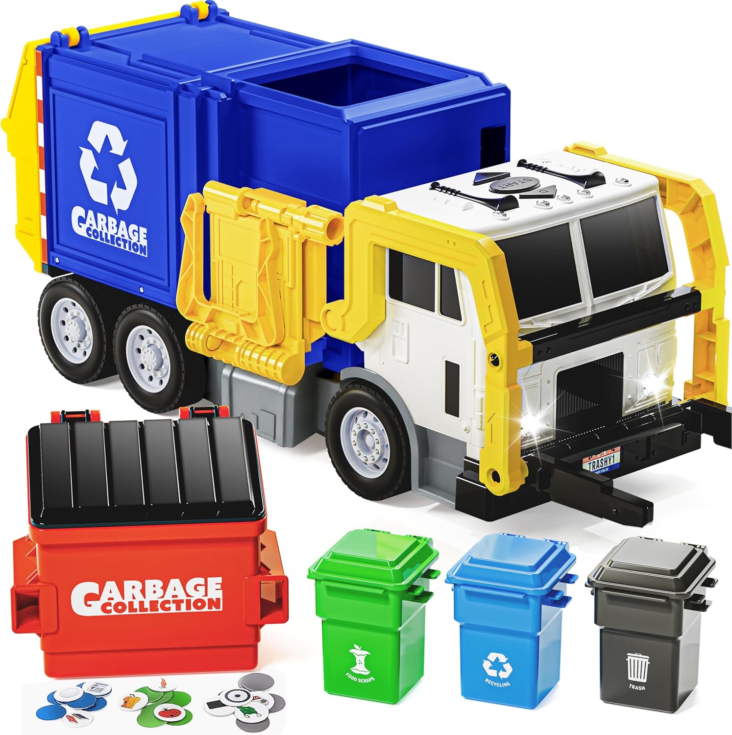 JOYIN Large Friction Powered Garbage Truck Toy Set, Includes Dumpster, Trash Bins, and Learning Cards for Kids