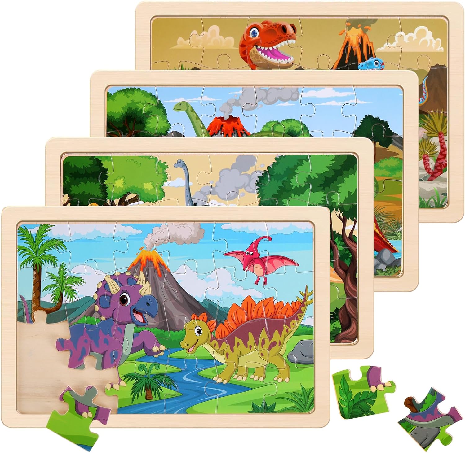 Wooden Educational Jigsaw Puzzles for Preschool Kids Ages 3-5, 4-Pack with 20 Pieces Wood Puzzles Set, Toddler Brain Teaser Toys, Gifts for Boys Girls Ages 3 4 5 6