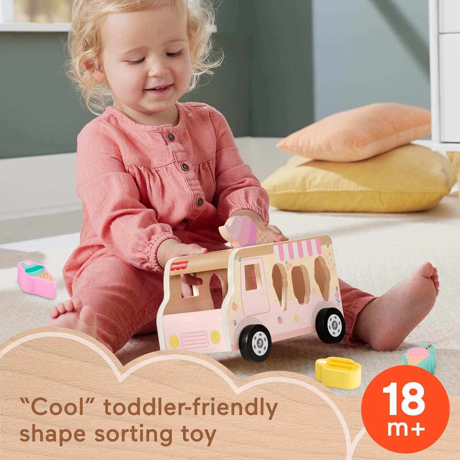 Toddler Shape Sorting Playset Wooden Ice Cream Truck, 8 Wood Pieces for Developmental Play Ages 18+ Months | 9 Wooden Pieces for Developmental Play, Toddler Toy for Kids Ages 18+ Months