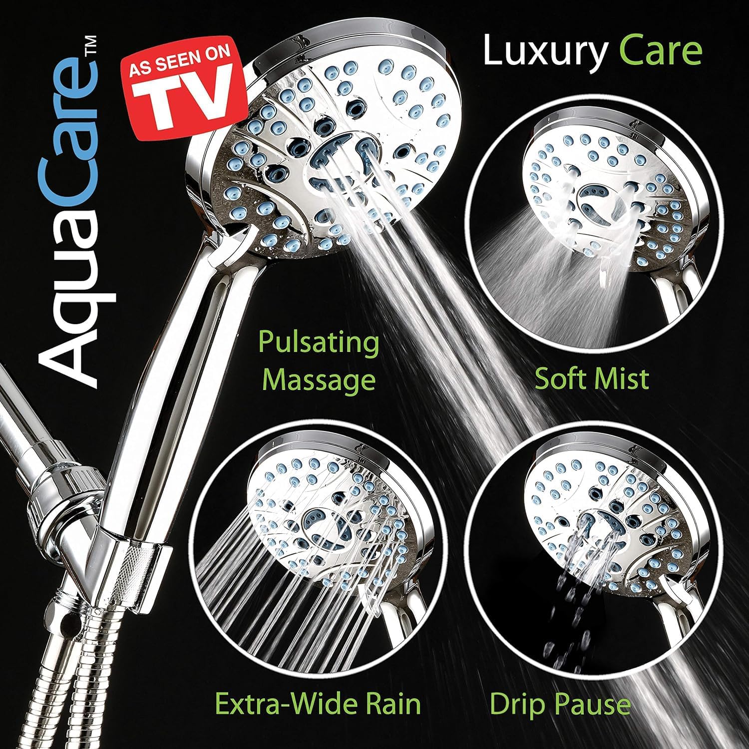 Hotel Spa AquaCare High Pressure 8-mode Handheld Shower Head, Anti-clog Nozzles - Built-in Power Wash to Clean Tub, Tile & Pets, Extra Long 6 ft. Stainless Steel Hose, Wall & Overhead Brackets