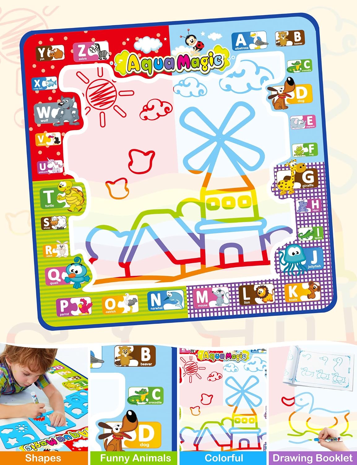 Jasonwell Aqua Water Doodle Mat 40 X 32 Inches Large Magic Drawing Doodling Mat Coloring Mat Educational Toys Christmas Birthday Gifts for Kids Toddler Boys Girls Age 2 3 4 5 6 7 8 Year Old