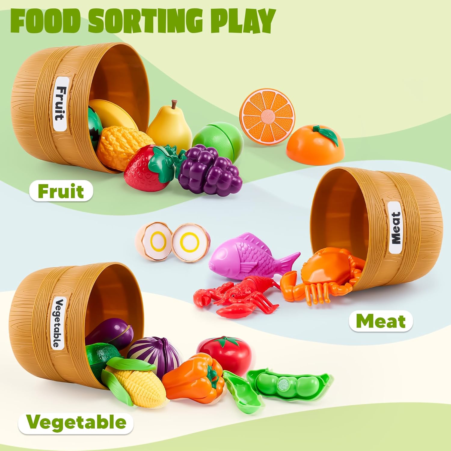 Learning Toys Play Food Set for Toddlers, Cutting Food for Preschool Activities, Play Kitchen Accessories, Educational Toys, Color Sorting Set for Boys & Girls, Back to School Gifts for Toddlers