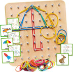 Panda Brothers Wooden Geoboard - Montessori Toys for 3 4 5 Year Old Kids and Toddlers, Educational Toy with 30 Pattern Cards and 40 Rubber Bands to Create Figures, Brain Teaser STEM Toy Geo Board