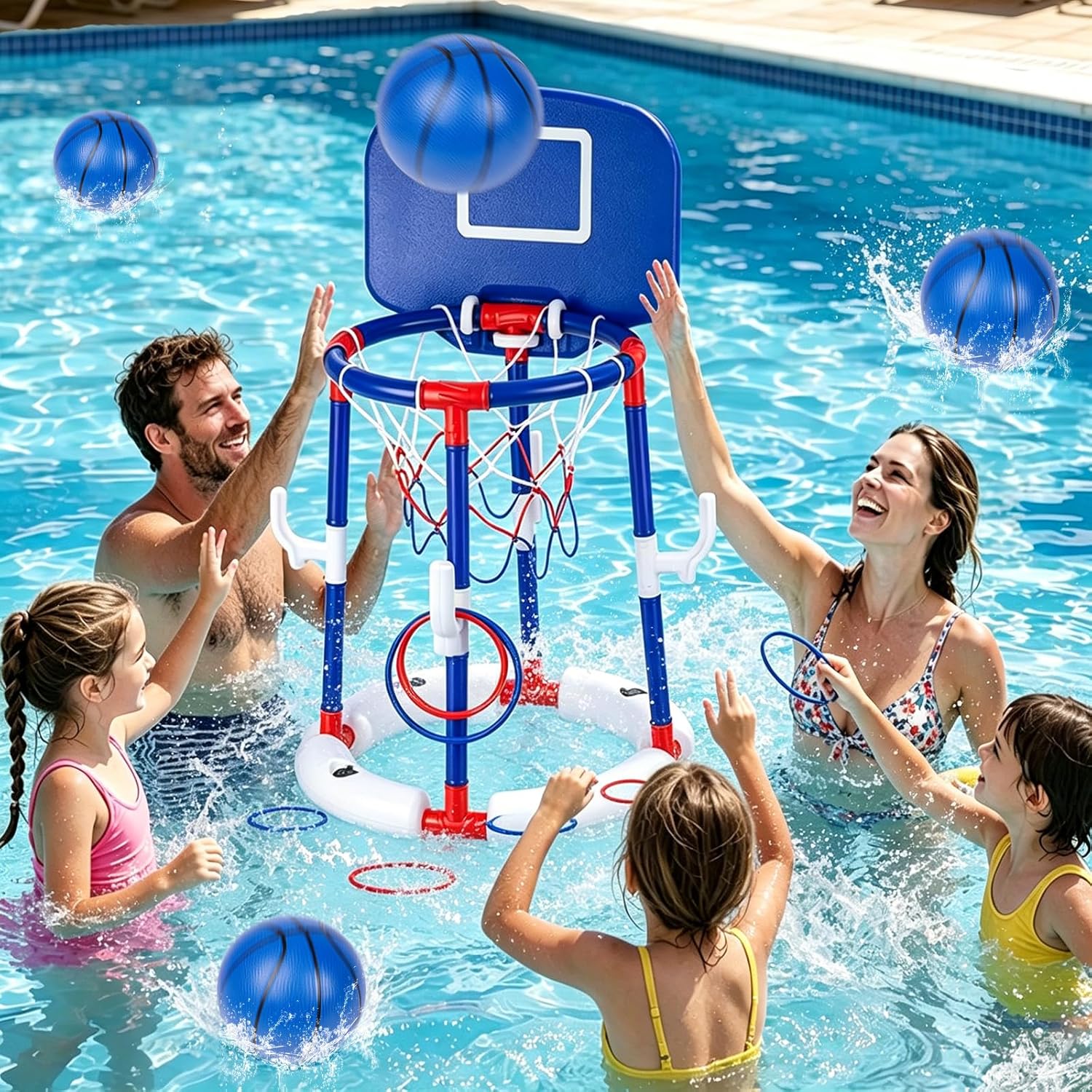 2-in-1 Poor Toy Basketball & Ring Toss Game with 4 Balls, 6 Rings&Pump, Summer Pool Toys Outdoor Water Fun Family Party for Age 3-12