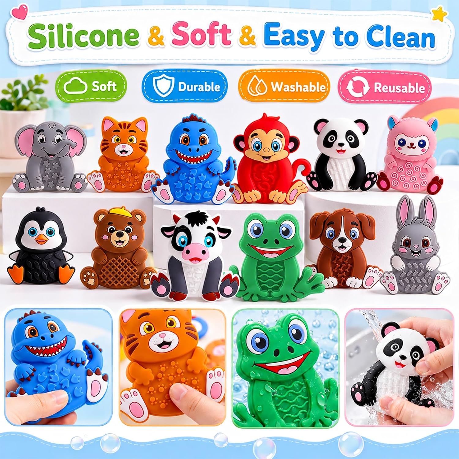 Animal Sensory Toys for Kids Toddlers, Textured Silicone Fidget Toys, Quiet Travel Toys for Airplane, Car Rides, Preschool & Home Sensory Play, Classroom Calm Corner Toys