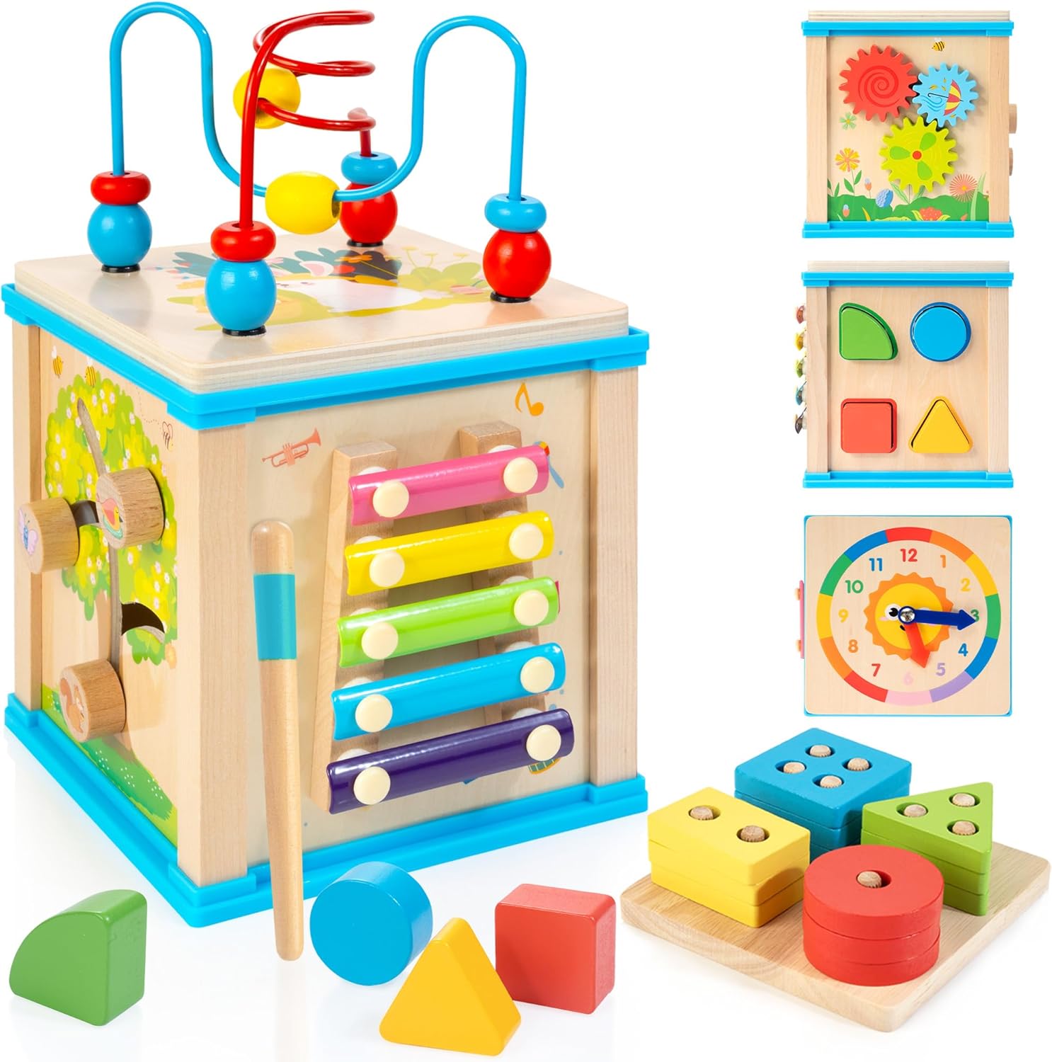 WOODMAM Wooden 7-in-1 Activity Cube, Montessori Toys for 1 Year Old | Baby Educational Developmental Toys, One Year Old Boys Girls First Birthday Gifts, Bonus Sorting & Stacking Board