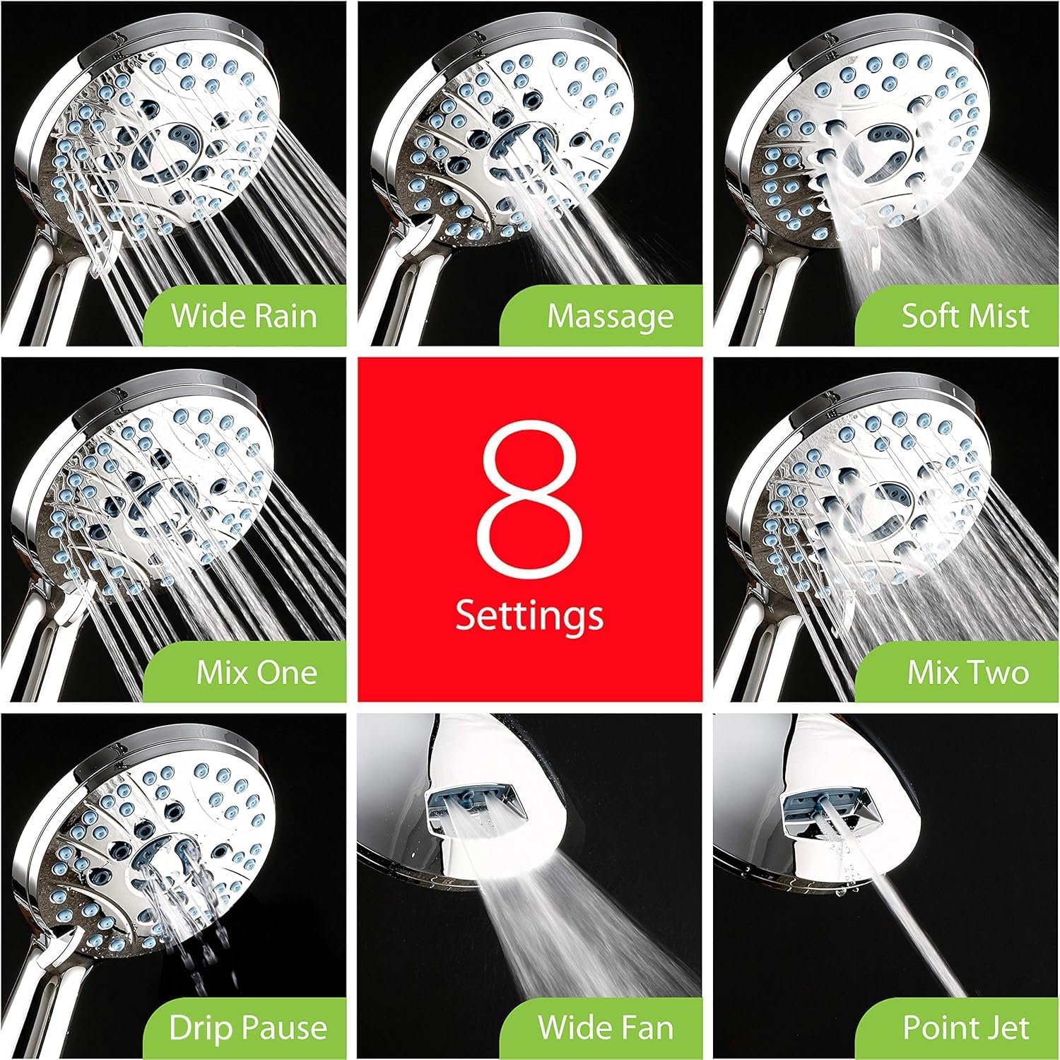 Hotel Spa AquaCare High Pressure 8-mode Handheld Shower Head, Anti-clog Nozzles - Built-in Power Wash to Clean Tub, Tile & Pets, Extra Long 6 ft. Stainless Steel Hose, Wall & Overhead Brackets